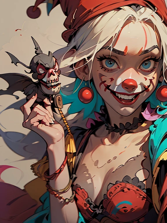 Official Art, unity 8k wallpaper, Super detailed, Beautiful appearance, high quality, masterpiece, 最high quality, Close up of a girl (Jennifer Lawrence) holding a gun with a clown hat on, with red panties, Murder Carnival Freak, capitalist clown, gang, Clown, clown, She has a pistol, of a gang of circus clowns, Inspired by Earl Burgee,gang, Background artwork, portrait death clown art by Ray Shark