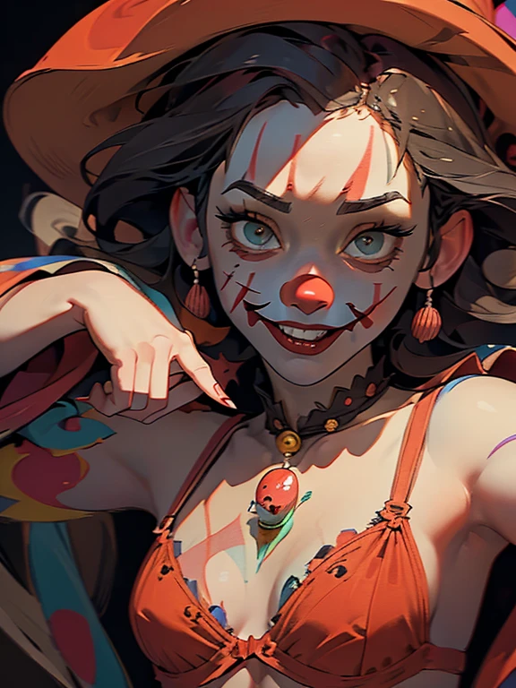 Official Art, unity 8k wallpaper, Super detailed, Beautiful appearance, high quality, masterpiece, 最high quality, Close up of a girl (Jennifer Lawrence) holding a gun with a clown hat on, with red panties, Murder Carnival Freak, capitalist clown, gang, Clown, clown, She has a pistol, of a gang of circus clowns, Inspired by Earl Burgee,gang, Background artwork, portrait death clown art by Ray Shark
