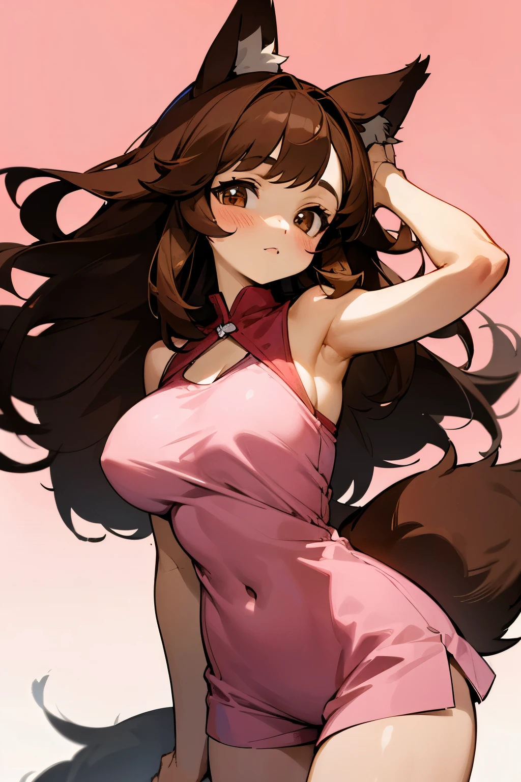 Cute girl, long dark brown hair, light brown eyes, red cheeks, wolf ears, pink dress, big breasts, exposed stomach, short shorts