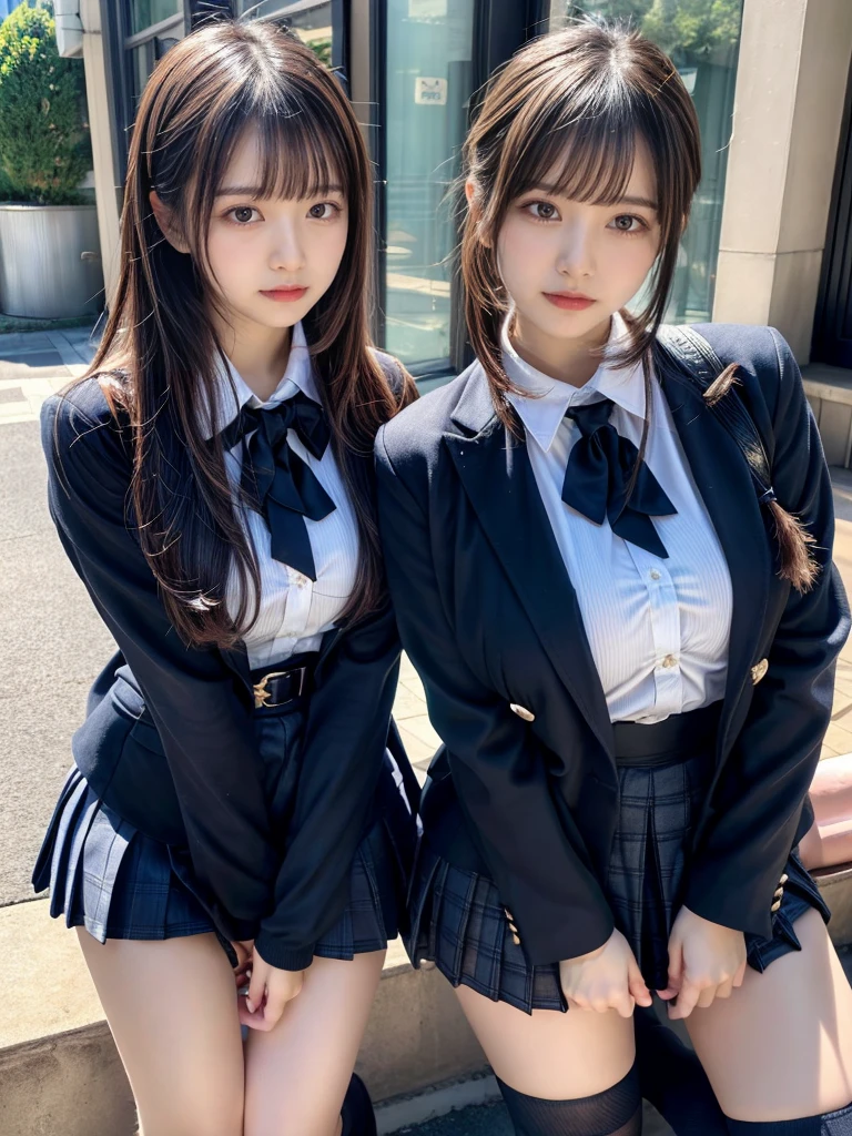 (8K, Raw photography, top-quality, ​masterpiece:1.2), muster piece, best quality, illustration, Super detailed, fine details, High resolution, 8K,wall paper, perfect dynamic composition,(Details High quality, realistic depiction of eyes:1.3), ((2 girls, 2 schoolgirls)), The background is a luxury hotel room、High school girl uniform、blazer 、Super Short Check Uniform Skirt、Navy blue high socks、garterbelts、Colossal tits、Disturbed uniform, Play with each other,Touching each other's bodies,Touching the body of the girl next door, short bob hair, black hair color, , Big Natural Color Lip, bold  pose, (perfect body shape), crying a little、cold gaze, Harajuku style、20 year old girl、 beautiful legs, hposing Gravure Idol, Voluptuous thighs