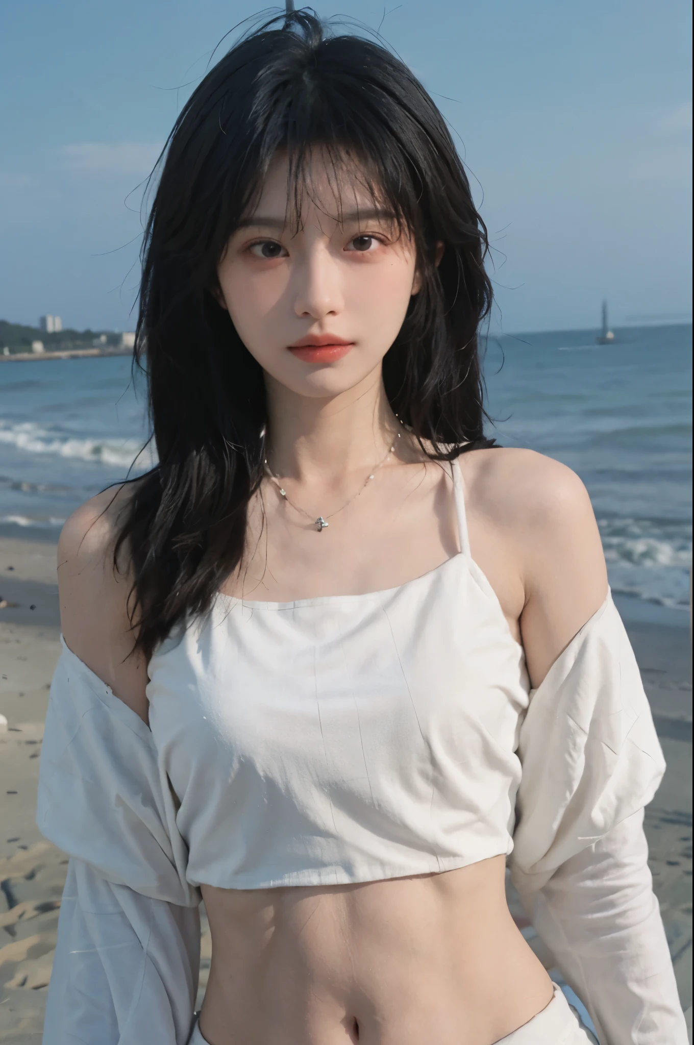 Best quality，Ultra-high resolution，（lifelike：1.4），Cute hairpin，1girll，Long curly hair，jk，Blush，Slim beauty：1.4，Visible abdominal muscles，on the beach，Ultra-fine face，Exquisite eyes，Double eyelids，necklace
