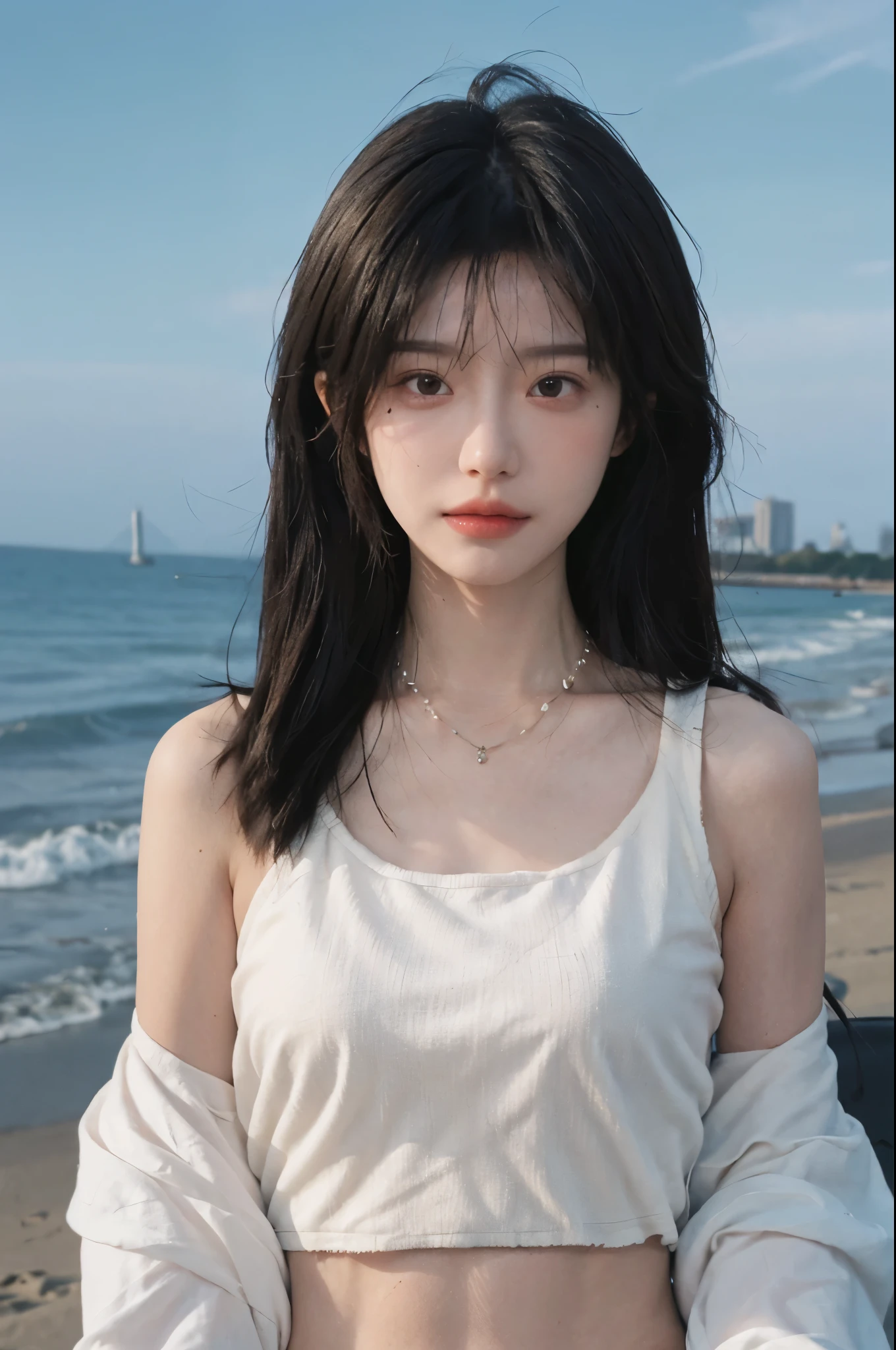 Best quality，Ultra-high resolution，（lifelike：1.4），Cute hairpin，1girll，Long curly hair，jk，Blush，Slim beauty：1.4，Visible abdominal muscles，on the beach，Ultra-fine face，Exquisite eyes，Double eyelids，necklace