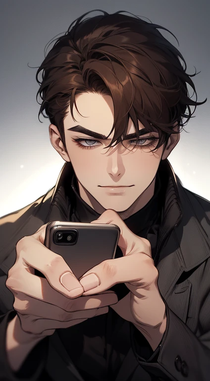 masterpiece, best quality, realistic, 1man, mature male, quiet and charming young man, 25 years old, close his eyes, serious look, extremely detailed face, ((dark grey eyes)), ((short-right-swept dark brown hair)), [thick eyebrows], detective, plain background, cinematic lighting, looking at the audience, posture dynamics, smirk, holding the phone