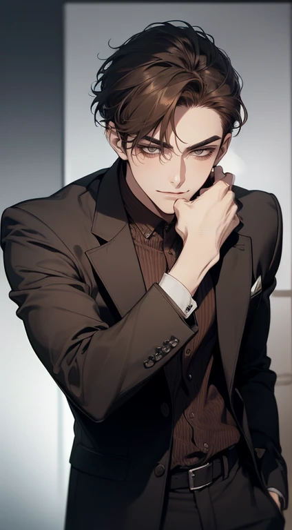 masterpiece, best quality, realistic, 1man, mature male, quiet and charming young man, 25 years old, close his eyes, serious look, extremely detailed face, ((dark grey eyes)), ((short-right-swept dark brown hair)), [thick eyebrows], detective, plain background, cinematic lighting, looking at the audience, posture dynamics, smirk, holding the phone