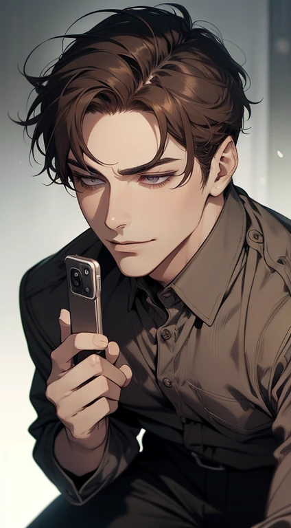 masterpiece, best quality, realistic, 1man, mature male, quiet and charming young man, 25 years old, close his eyes, serious look, extremely detailed face, ((dark grey eyes)), ((short-right-swept dark brown hair)), [thick eyebrows], detective, plain background, cinematic lighting, looking at the audience, posture dynamics, smirk, holding the phone