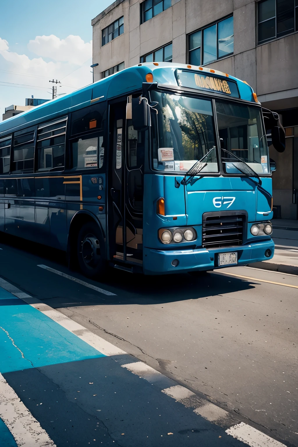 one bus vechicle photo epic, front of bus, bus look to camera , 2D Style, color bus is blue white