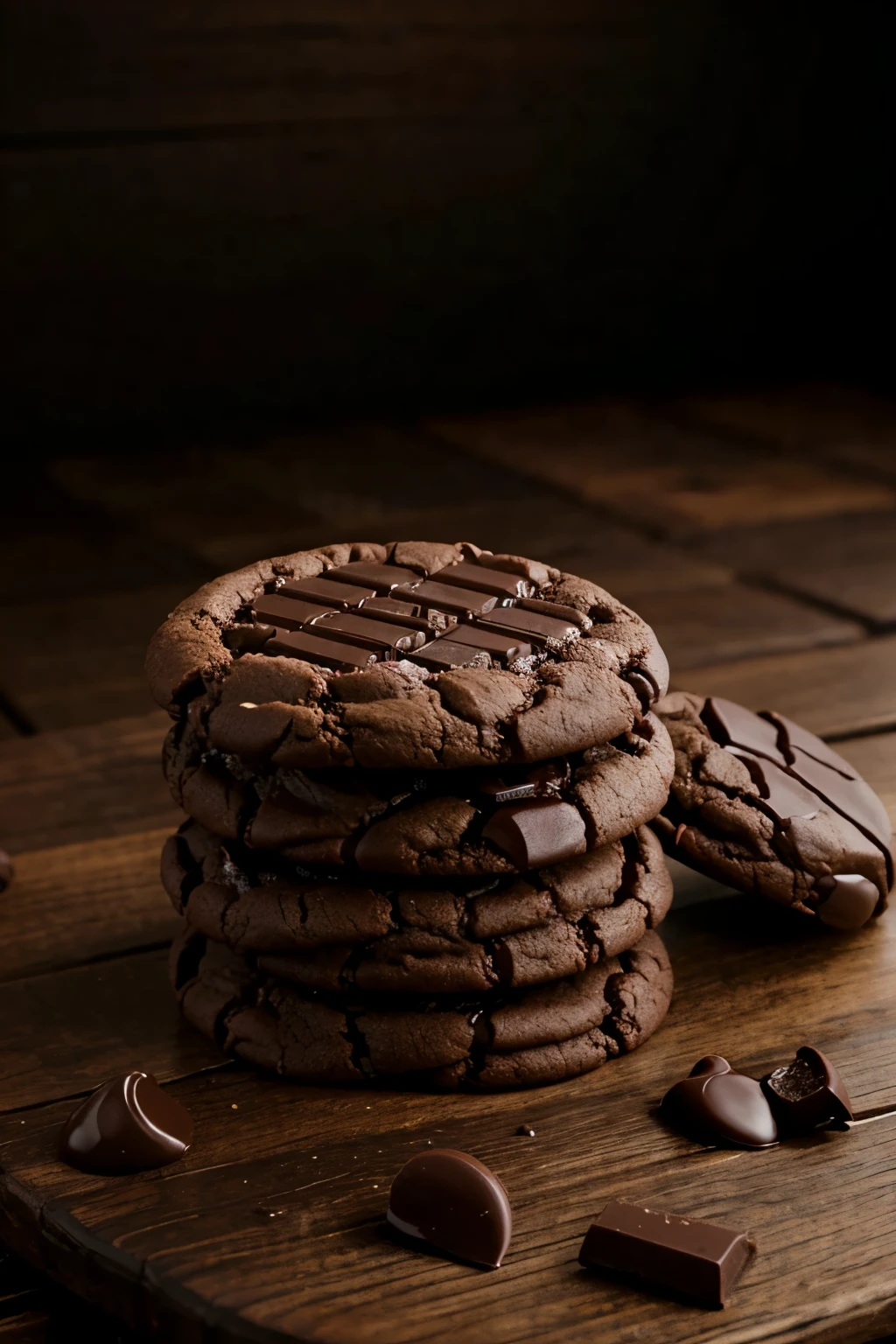 vegan chocolate cookies on a dark wooden table, an attractive commercial image focused on product presentation