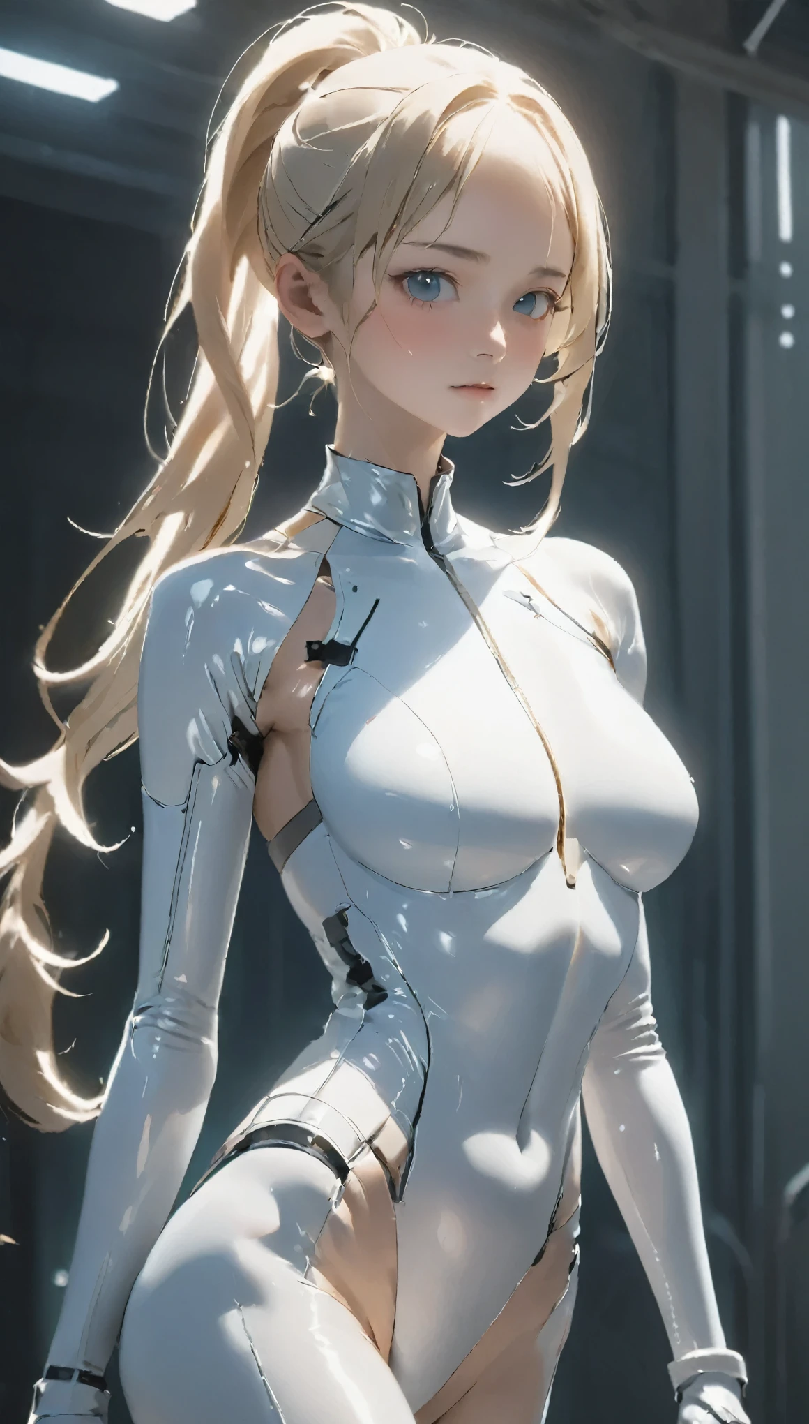 One Girl、spy、Expressionless、All-white latex combat uniform、Hair in a ponytail、BCup Breast、Slim Abs、Extremely delicate facial and skin texture、Beautiful woman with perfect figure、Representation of the beauty of the nude body、Humanoid combat weapon、Rubber-like clothing、Sharp Eyes、highest quality、masterpiece、Ultra-high resolution、8k
