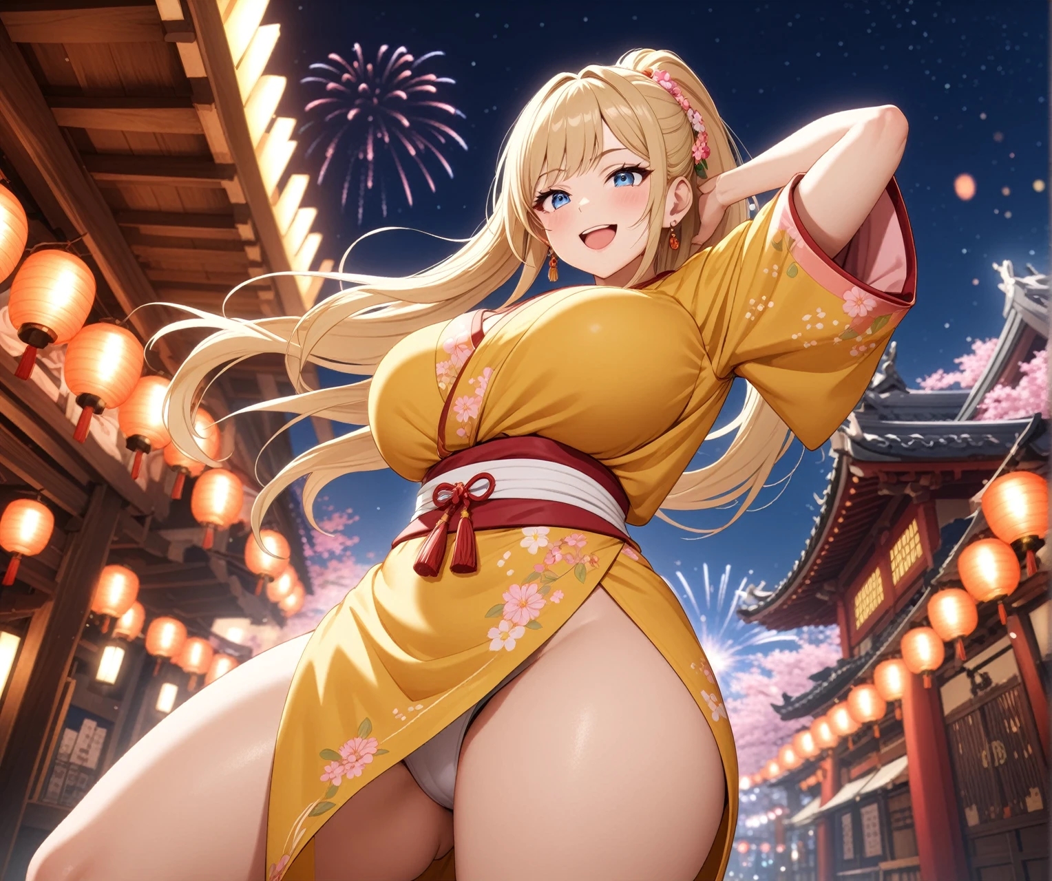 ((one personの女性)), Beautiful Face,Embarrassed and kind expression,Laugh embarrassedly,((Wink:1.8)),laugh with a big mouth,turn bright red,Glossy pink lips,night,Shrine festival sexpensives,firework, ((Anime style background)),masterpiece, highest quality, so beautiful, Latest, Complex details, (Pink long nails),AI-generated, Complex,High resolution, highest quality, super high quality,3D Images、View your viewers、3D Images,one person,Long Blonde Hair,High Ponytail,blue eyes,Anime woman posing for a photo, [[Fine grain、Colorful eyes、Shining Eyes:1.15]],(Squint your eyes:1.1),a hyperRealistic , hyperRealistic , Realistic,Blonde anime woman with long hair, Smooth anime CG art, A woman in a colorful kimono with gold embroidery, (Yellow kimono),Pink floral pattern,Long flower hair ornament,Big earrings,(Big Breasts:1.2),Mature Body,expensive,Big Ass,Fine details,Tight waist,Abdominal muscles,Shooting from below at an angle,(Put your hands behind your head