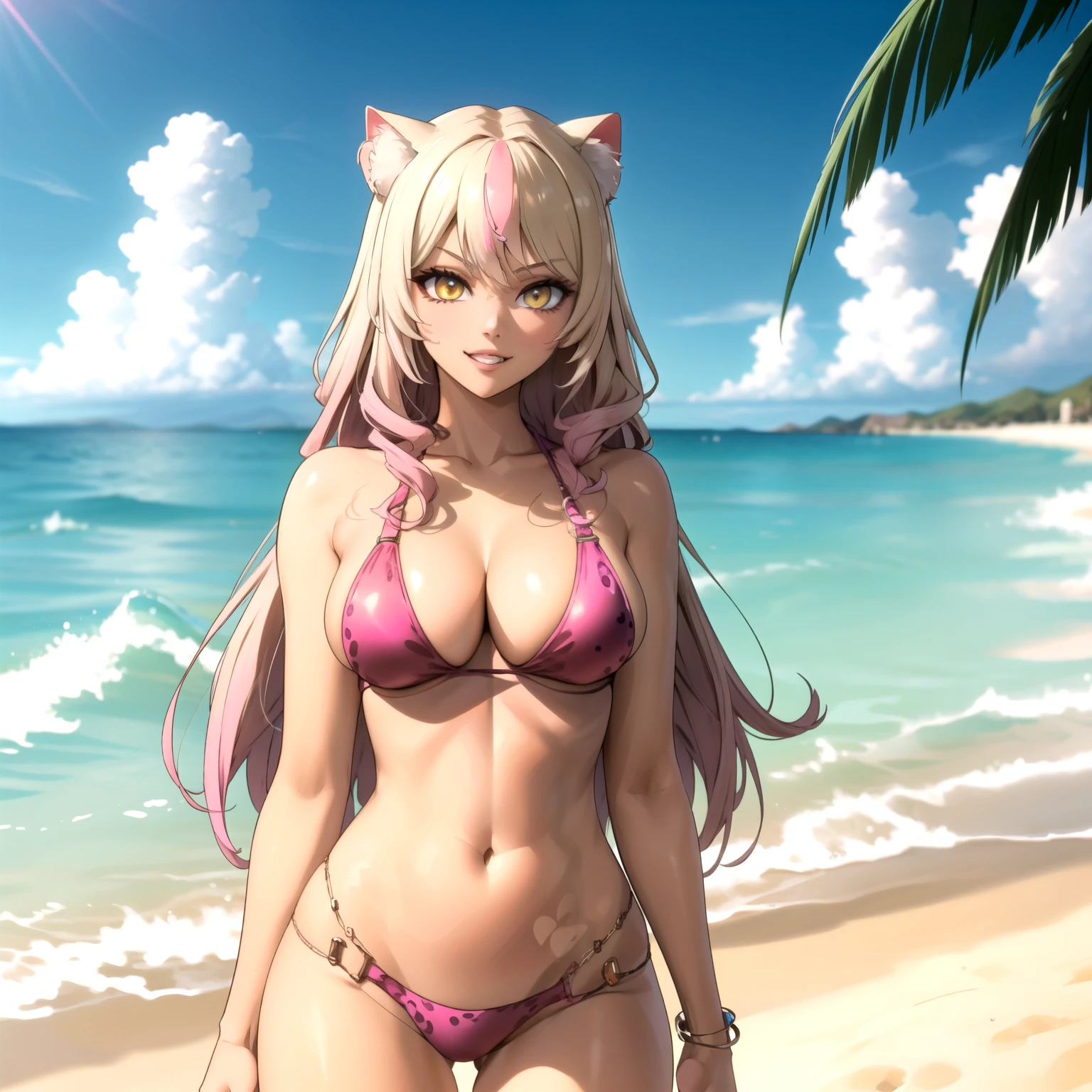 35 year old woman blonde hair with pink tips , orejas de gato, yellow eyes like amber., piel morena, piel oscura, brown skin big breasts pink bikini jaguar design, esta de pie, frente al espectador, cuerpo completo, accesorios, playa de arena blanca. sunny day. cabello flotante, luz perfecta, colores vibrantes. cabello rubio dorado. sonrisa atrevida.