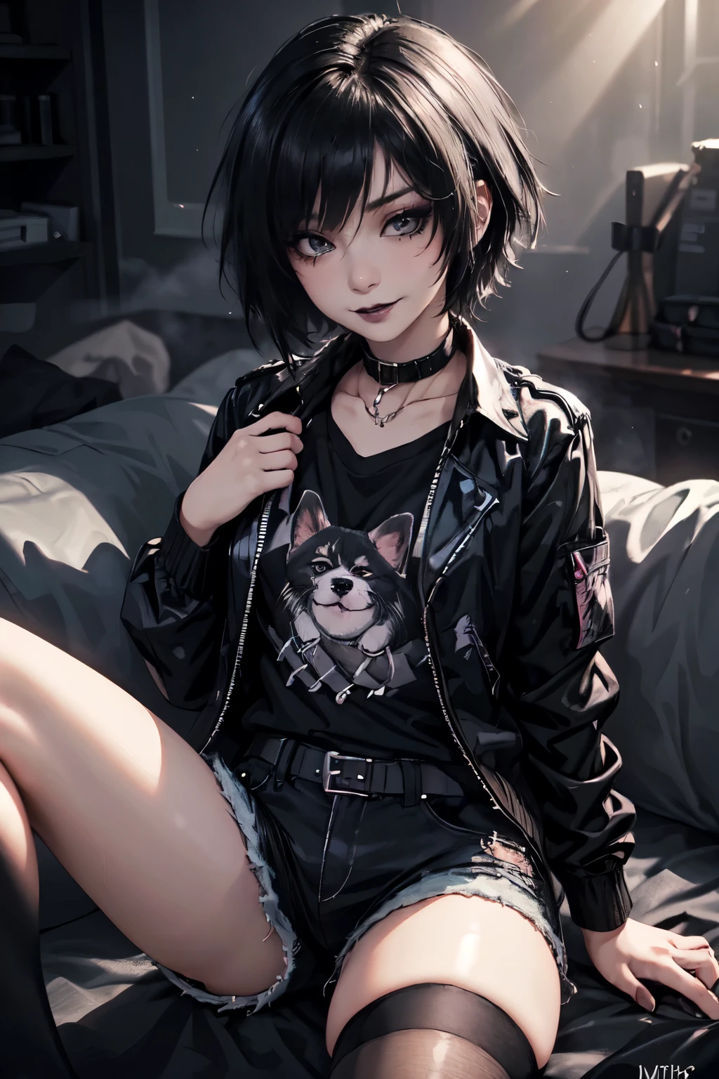 1girl, woman, emo_hairstyle, black lipstick, dog collar, eyeliner, eye shadow, smoky eyes, realistic lighting, black business shirt, jacket, short shorts, black thighhighs, short hair, flat chest, shiny skin, smug, smirk.