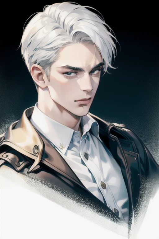 (masterpiece, best quality:1.2), (absurd res, high res, ultra detailed), 1 male, adult, handsome, tall muscular guy, broad shoulders, white hair, finely detailed eyes, portrait, looking at viewer, solo, half shot, detailed background, detailed face, (gothic), smirk, vampire, dark leather, high fantasy,, stealth, undercover, (crates in background), shadows, fog, (dutch angle), closed mouth,