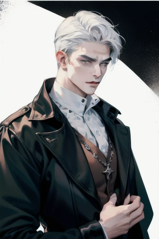 (masterpiece, best quality:1.2), (absurd res, high res, ultra detailed), 1 male, adult, handsome, tall muscular guy, broad shoulders, white hair, finely detailed eyes, portrait, looking at viewer, solo, half shot, detailed background, detailed face, (gothic), smirk, vampire, dark leather, high fantasy,, stealth, undercover, (crates in background), shadows, fog, (dutch angle), closed mouth,