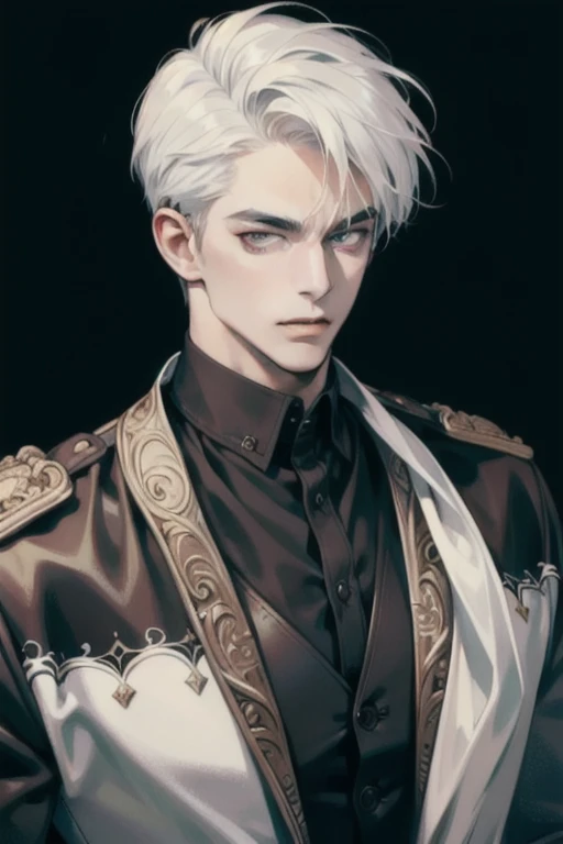 (masterpiece, best quality:1.2), (absurd res, high res, ultra detailed), 1 male, adult, handsome, tall muscular guy, broad shoulders, white hair, finely detailed eyes, portrait, looking at viewer, solo, half shot, detailed background, detailed face, (gothic), smirk, vampire, dark leather, high fantasy,, stealth, undercover, (crates in background), shadows, fog, (dutch angle), closed mouth,