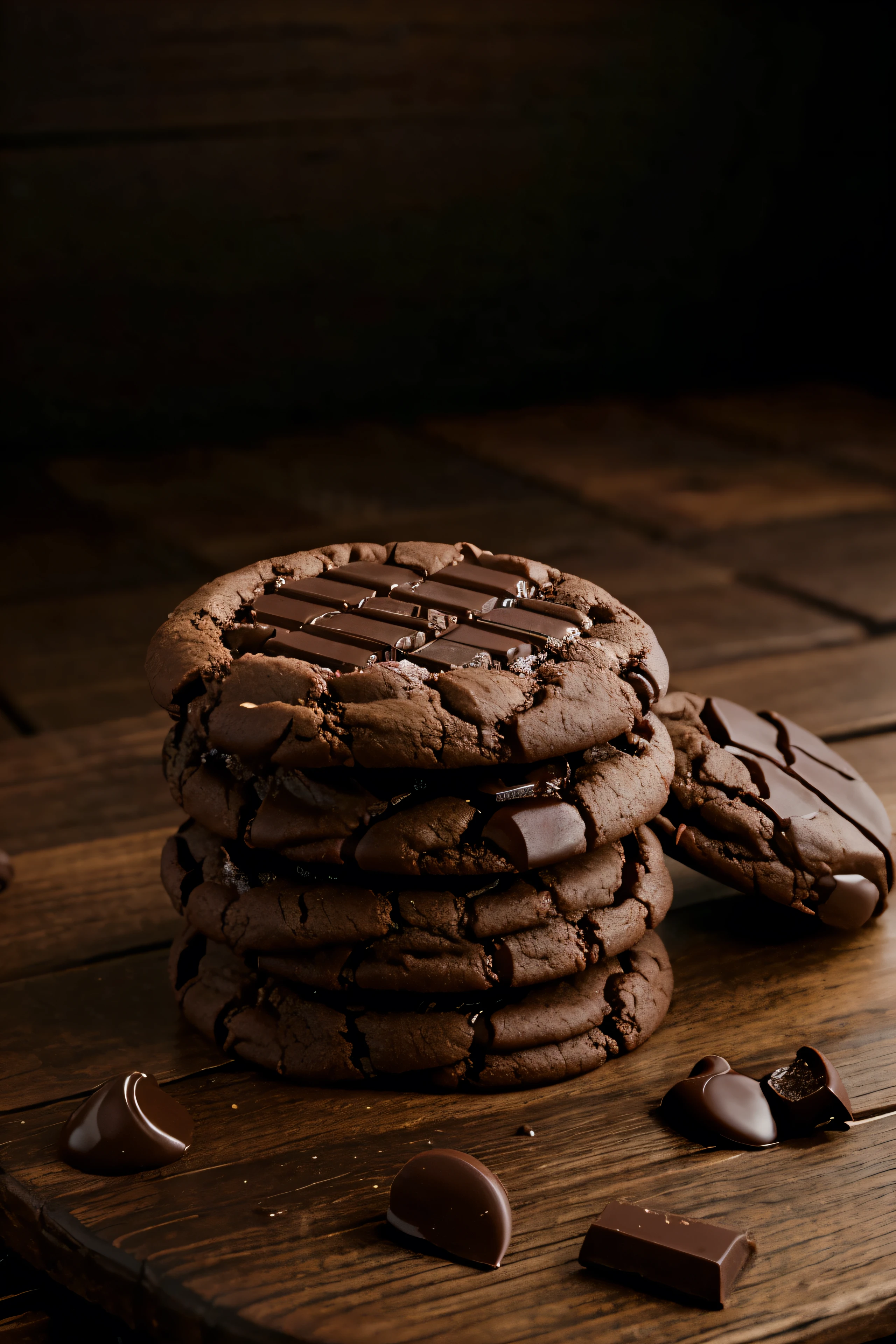 vegan chocolate cookies on a dark wooden table, an attractive commercial image focused on product presentation