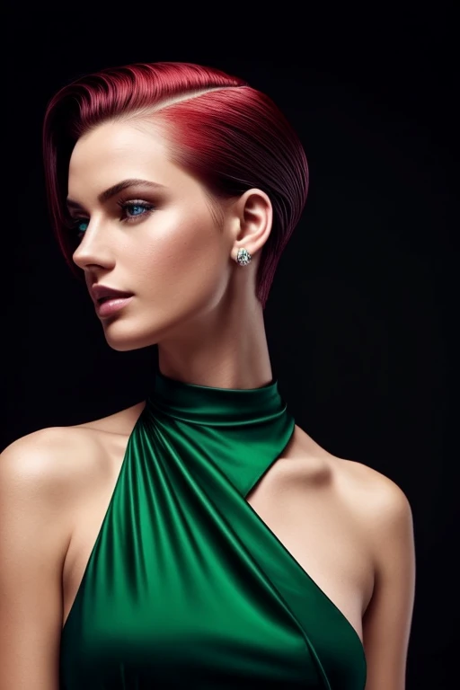Gorgeous european woman with very short straight hair, short hair, wet hair, hair slicked back, combed straight back, slick hair, red hair, wearing a green dress, solid dark black background