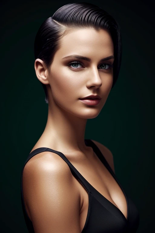 Gorgeous european woman with very short straight hair, short hair, wet hair, hair slicked back, combed straight back, slick hair, red hair, wearing a green dress, solid dark black background