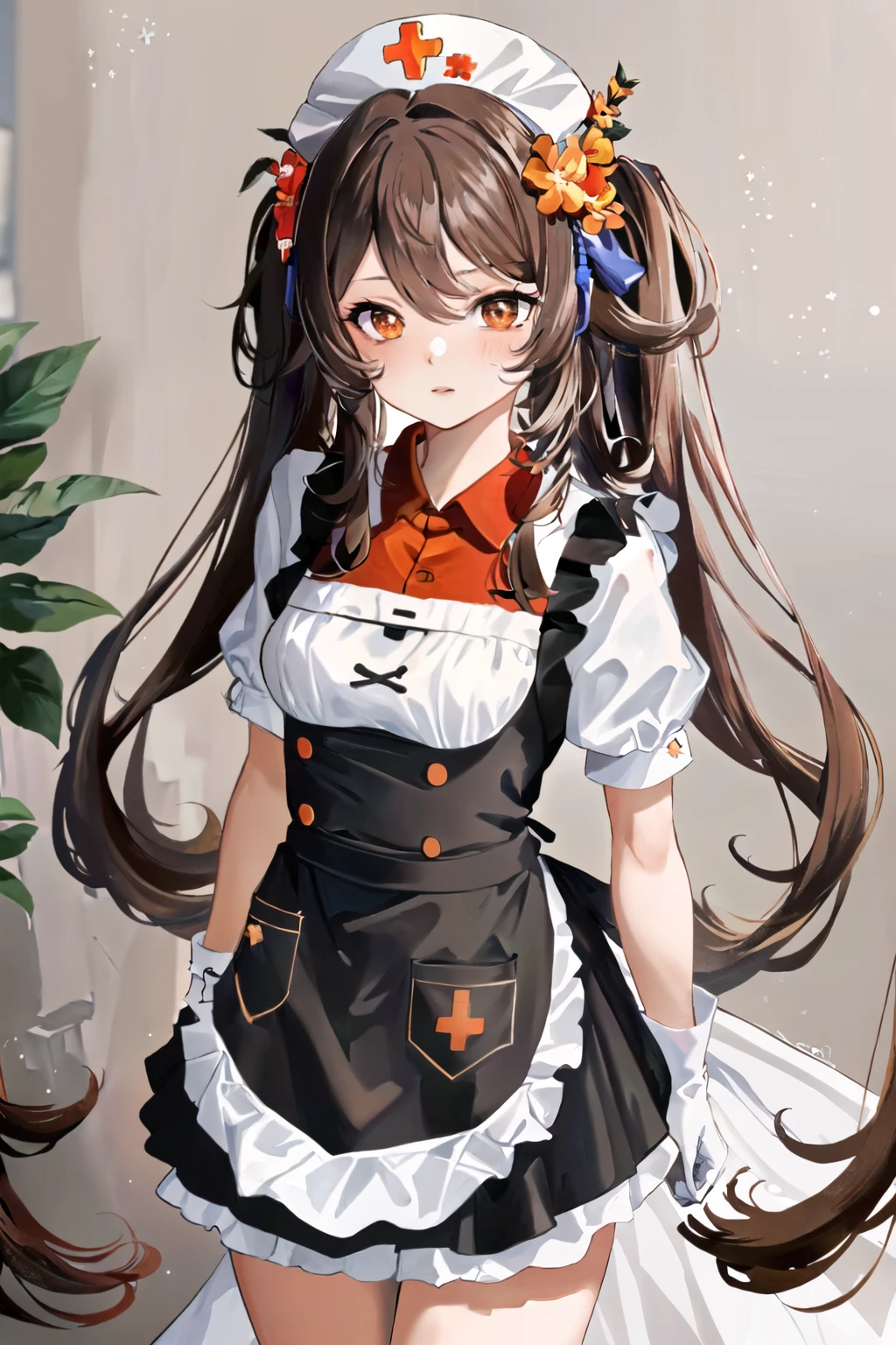 ((masterpiece, best quality, high quality)),1girl, (lower body, hospital), (nurse_uniform_long_3, gloves, apron, nurse cap, nurse,long dress), (1girl, 3dcg 07, brown hair, long hair, orange eyes, flower pupils, Hu tao, twintails, small breasts, twintails)