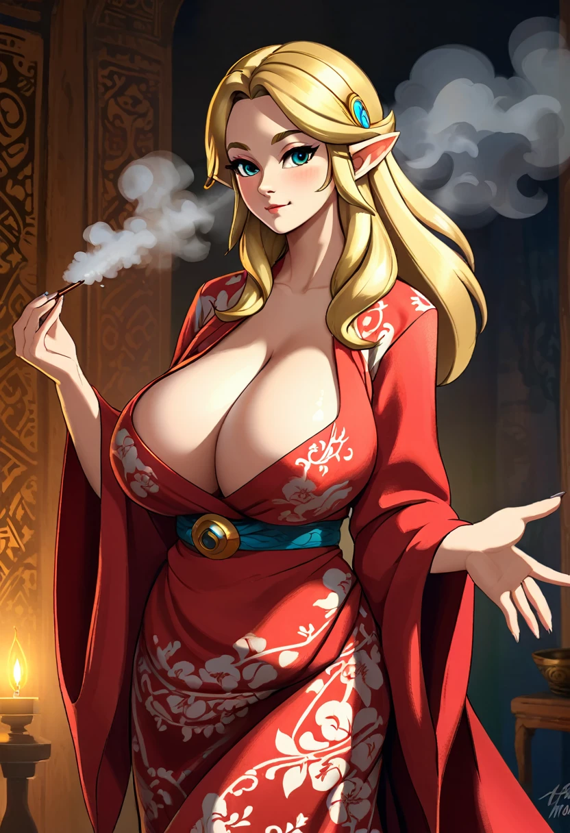 45 years old gorgeous beauty russian mom in bedroom, wearing red kimono, standing pose, large breasts, no naked pose, Create an illustrated, hand-drawn, full-color masterpiece with warm lighting and shadows. Incorporate graphite shading, stencil marks, and airbrushed acrylic paint in the style of "Breath of the Wild.