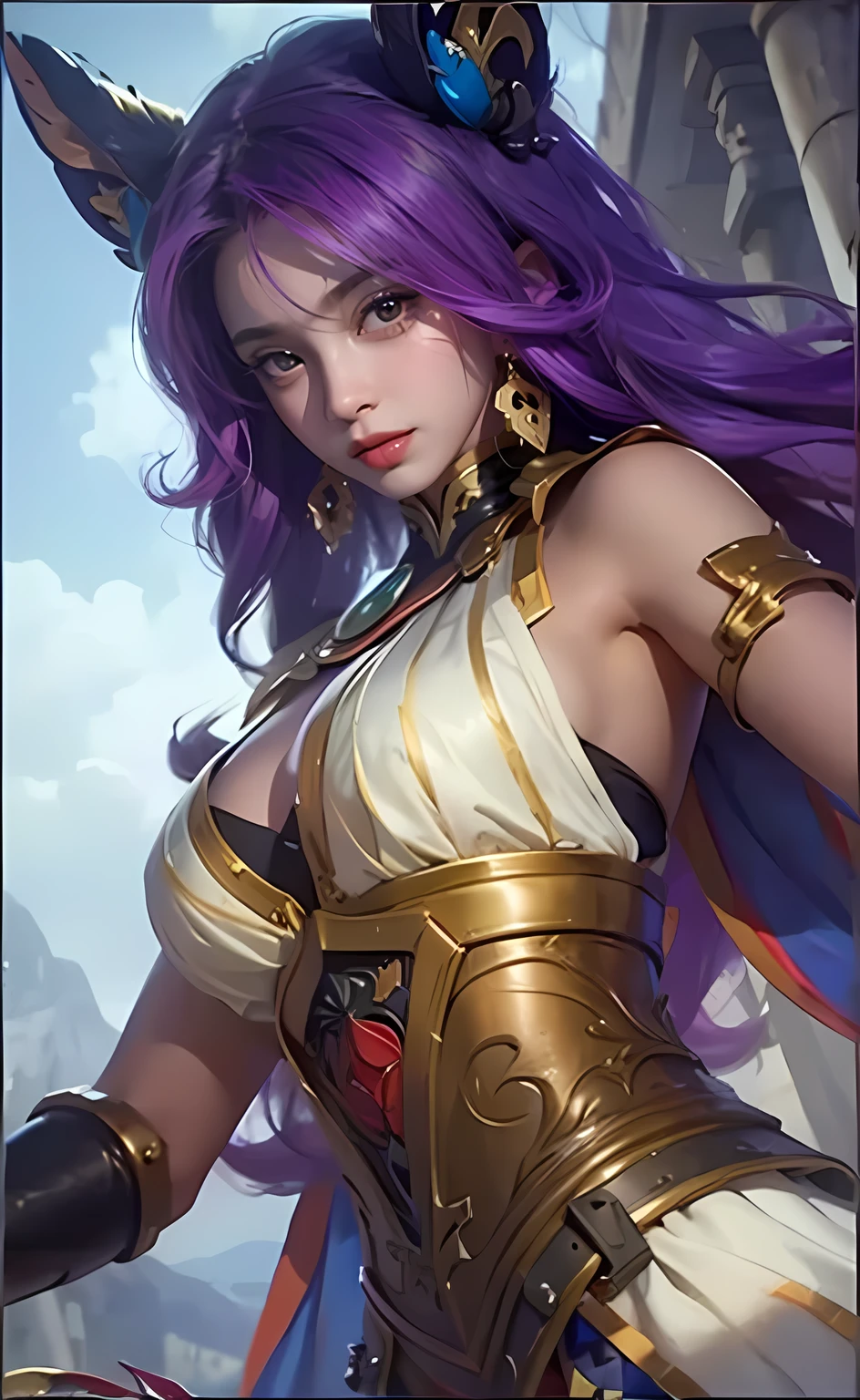 beautiful lighting,best quality,masterpiece,ultra highres,photorealistic, (soft_light:1.5),(The lighting),delicate elegance,captivating beauty,tender balance,Enchantress, full body, 1 girl, alone,((Huge breasts:1.2)),Kido_Saori,(AthenaCloth_armor:1.1),lavender hair,(hair between eyes:1.2),sitting, back to the viewer, simple background,