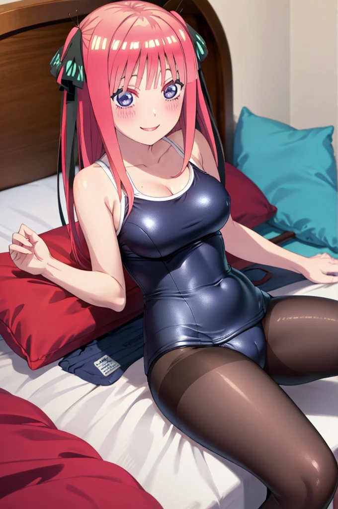 best quality, ultra-detailed masterpiece, nino nakano, one-piece swimsuit, breasts, pantyhose, blush, smile, cushion, bed room