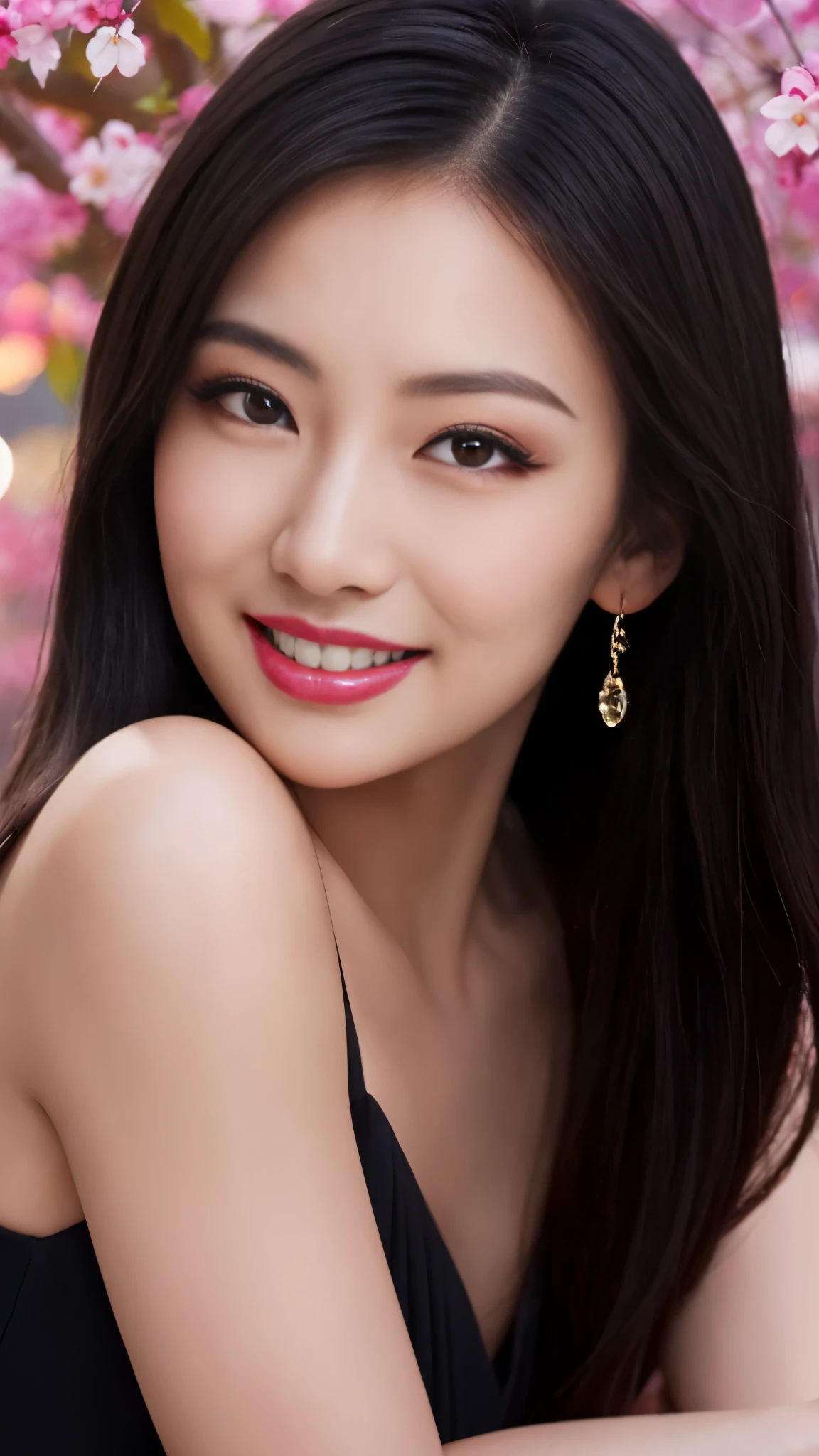 masterpiece, 最high quality, night, Mountain, full moon, Long black hair, woman, fire Fly, performer, Mysterious cherry tree, Pink leaves, high quality, Beautiful graphics, High detail,The best smile:1.5,Flashy makeup with red eyeshadow:1.5