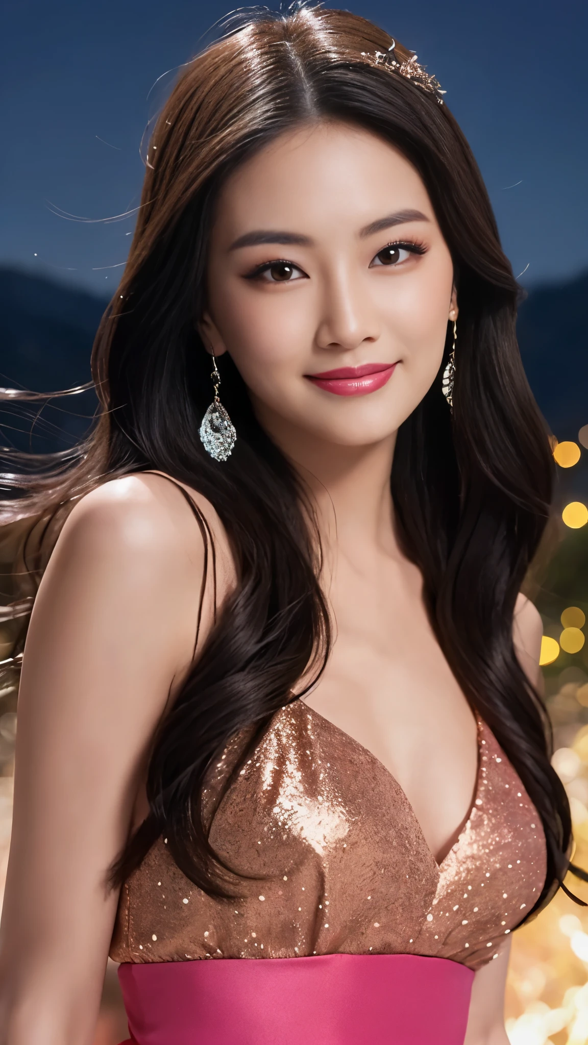 masterpiece, 最high quality, night, Mountain, full moon, Long black hair, woman, fire Fly, performer, Mysterious cherry tree, Pink leaves, high quality, Beautiful graphics, High detail，The best smile:1.5，Flashy makeup with red eyeshadow:1.5