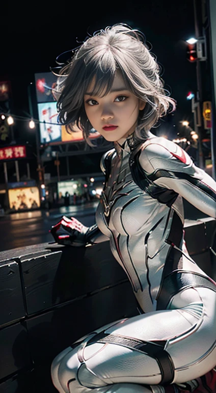 (Extreme Detail CG Unity 8K wallpaper、​masterpiece、top-quality)、(exquisite lighting and shadow、highly dramatic picture、cinematic lens effects)、Cute girl in white Spider-Man costume、Silver-gray hair color、Spider-Man Parallel Universes、Wenger、Marvel、spider-man、Dynamic and dynamic poses)、(excellent details、Outstanding lighting、wide angles)、(Excellent rendering、Enough to stand out in its class)、 White Spider-Man Costume、Focus on complex spider textures。The background is Osaka's Dotonbori at night、Jumpy、