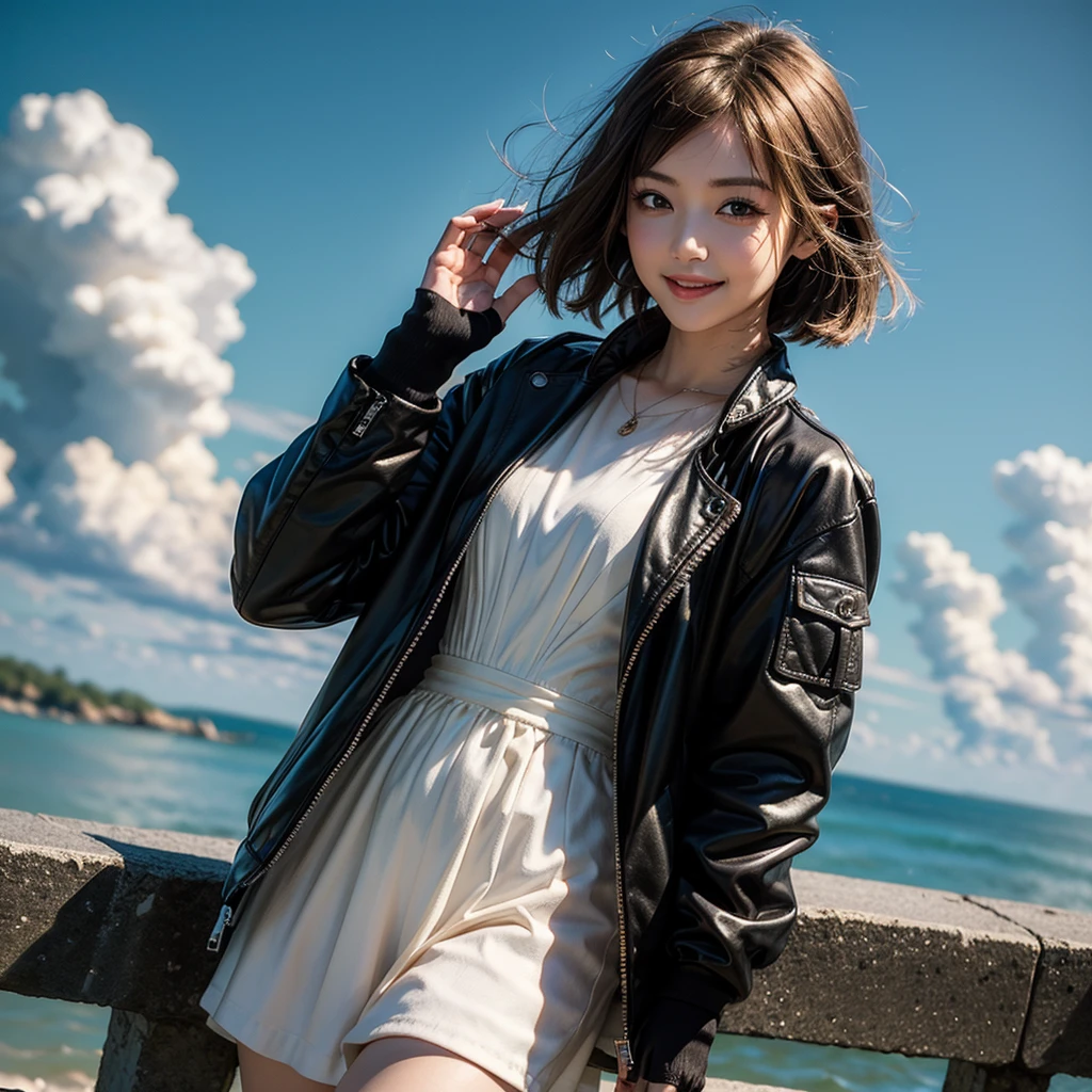 ((masterpiece,highest quality)),One girl,alone, (((Chisato Nishikigi))), short hair, Bright yellow hair, alone, dress, Eye for detail, View Viewer, Long sleeve, Are standing, white dress, gloves,hair ornaments, Black jacket, smile, Floating Hair, Dutch Angle, Mouth closed, avert your eyes, (Center Parks),Cloudy, blue sky, warm color,
