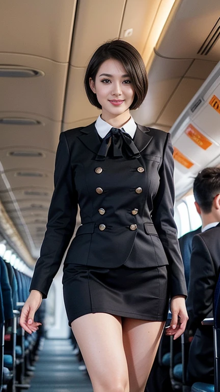 1beautiful womanl, 28years、hyperdetailed face、Detailed lips、A detailed eye、double eyelid、(Black bob hair、Smiling while walking gracefully down the aisle)、(Stewardess uniform:1.2)、(Glamorous body)、(Colossal tits)、((short-cut hair))、(large full breasts)(big butts)(Plump body)(plump body shape)( large full breasts)(Colossal tits)((J-Cup))、highs thighs thighs thighs, Perfect fit, Perfect image realism, Background with: (Business Class aisle on airplanes:1.2), Cowboy Shot, Meticulous background, detailed costume, Perfect litthing、Hyper-Realism、(Photorealsitic:1.4)、8K maximum resolution, (masterpiece), ighly detailed, Professional