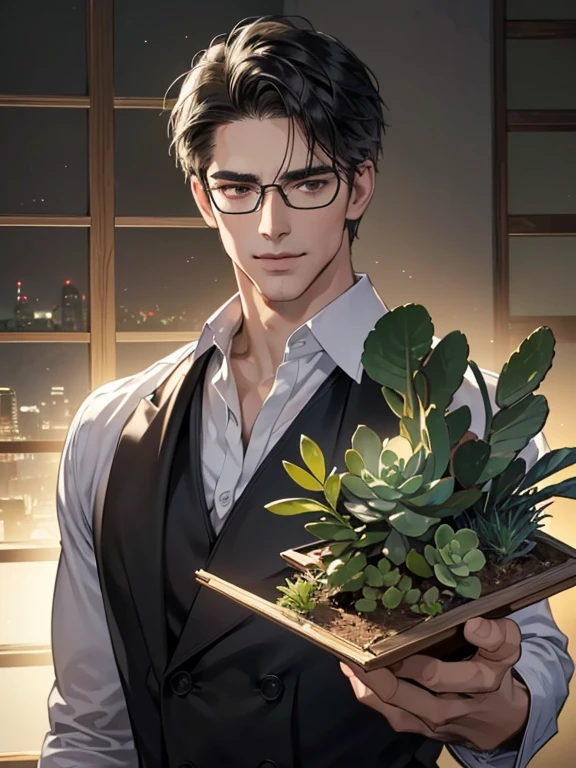 (Best Quality, masutepiece, 8K, Photorealistic, Cinematic lighting, HDR image, ultra-detailliert, beautiful image), 1 man, Mature, mature man, extremely handsome, a smile, Short black hair, Black eyes, Succulents,Looking at the camera,businessman,The jaw is square,eye glasses