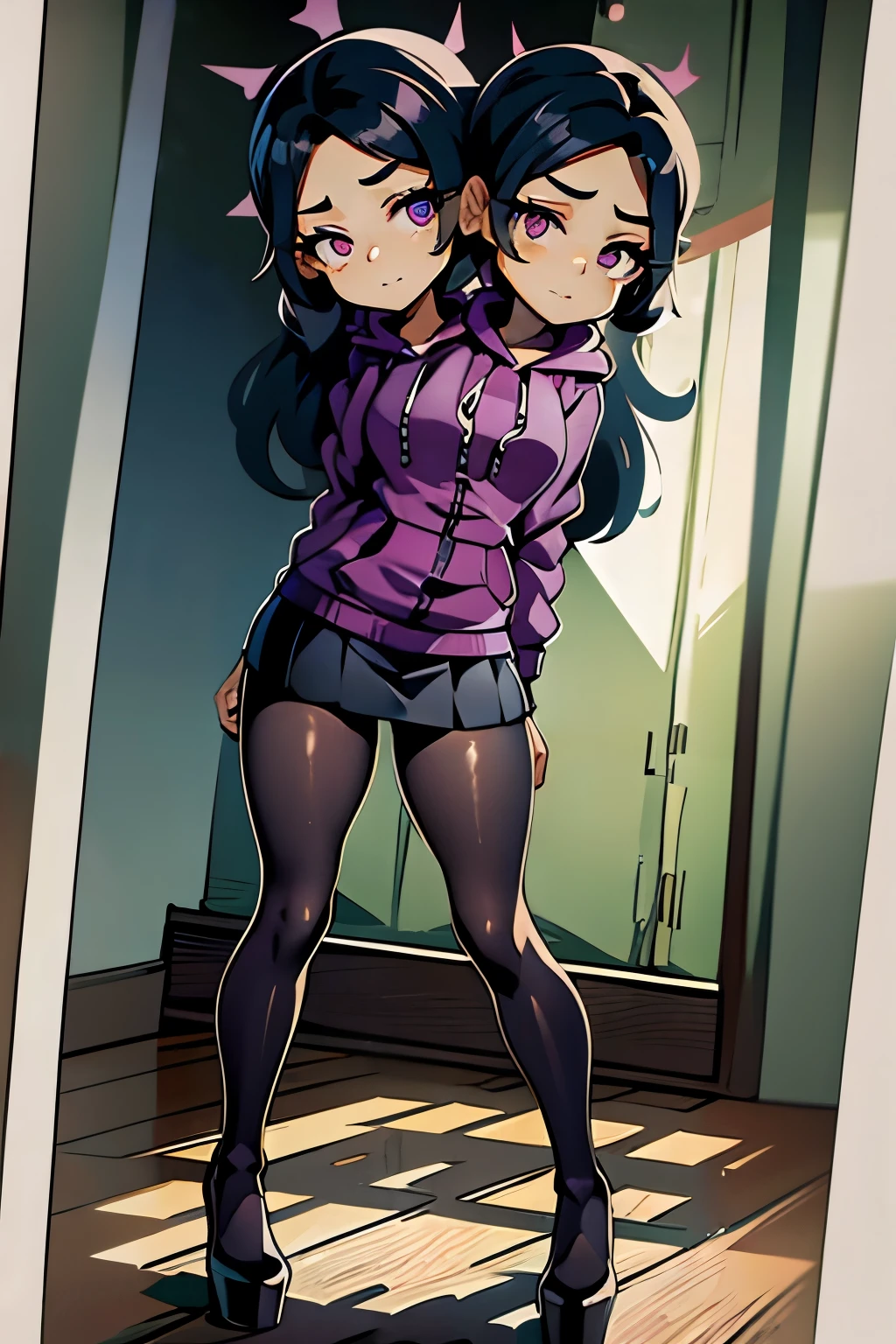 conjoined, 2heads, girl with two heads instead of one, 2head, cuerpo curvilineo, brazos curvilineos, usando shorts, ropa abrigada, piernas curvilineas, anime cartoon, using a purple hoodie, each head has a ponytail, anatomia proporcionada, torso ancho, pechos medianos, full body, perspectiva en picada, platform boots, black boots, black skirt, pantyhose, black high heels Bored