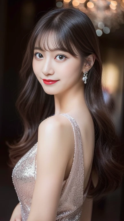 highest quality、8k wallpaper、Reality:1.4、Photographed in natural light、View your viewers、In front of a Lamborghini Aventador、Several large chandeliers、1 beautiful girl、Japanese Idol、19 years old、Beautifully detailed eyes、Detailed face、Beautiful Skin、Slender、Slim waist、Thin legs、Red lipstick、Fancy hairstyle:1.8、Random hair color、Light Hair、Asymmetrical bangs、Gorgeous glitter dress with intricate details:1.2 、smile:1.5、Seductive pose