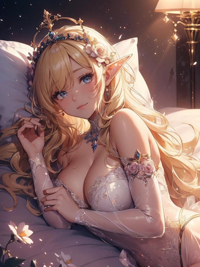 最high quality、1 beautiful woman, sleep on your back,Sleeping in bed、Lying on her back in bed, looking at me、Filled with red roses、 NP: Worst quality ,flower fractal fine art、Fill the screen with flowers、Bigger on the screen、Lie on your back and face this way、lie on flower,s bed, Sleeping Princess、Fairy tale、Märchen Beautiful shine,High-definition depiction, Realistic, 8k, Unity, , light smile, Beautifully and vividly drawn, , Beautiful, beautiful, clear skin、 see-through  , , Raise both arms above your head, Beautiful Forest、Beautiful Landscape、 Romanticism,mosquito。 The most beautiful form of chaos, Mr..々color, Intertwined flowers, particle,Magical gentle light,smile,,image quality、masterpiece、Beautiful Face、Super beautiful woman((Big breasted 22 year old office lady、Bust 100,Beautiful long ironed hair、blonde、height: 165cm。、、Esbian、、high quality、、Visual Arts、最high quality、1 woman NP: Worst quality ,Flower fractal art、、Beautiful radiance,High-definition depiction, Realistic, 8k, Unity, , light smile, Beautifully and vividly drawn, , Beautiful, beautiful, clear skin、 ((see-through bodystocking,))Countless rays of light pouring down, Swirling Light, big background, Raise one arm above your head, Intense light is emitted from the magic flower circle in front of the girl. Romanticism,: The most beautiful form of chaos, Mr..々color, Intertwined flowers, Particle,magical gentle light,smile,,image quality、masterpiece、Beautiful Face、Super beautiful elf woman((Big breasted ,Beautiful 、、Esbian、、high quality、Visual art、Written boundary depth、、Elf Ears、、universe、Happy smile、Gentle light、、elegant、ticker beautiful decorative、、magic、、Beautiful tiara、Beautiful bed、A kind smile、wonderful、Fluttering petals、、Cultivate fantasy、、Mystery light　Lots of flowers、、art、art,mystery,Ultra-high resolution,atmosphere 最high quality、sleep on your back