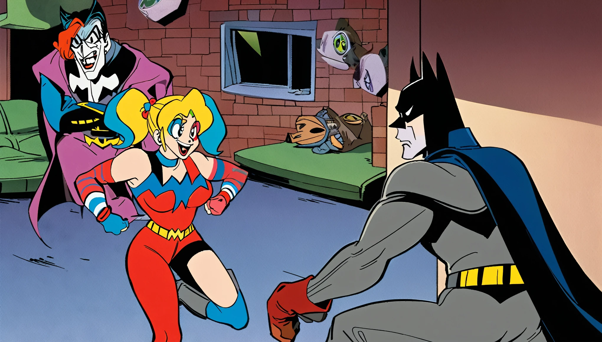 (90s cartoon, Batman the Animated series), Batman is confronting the Joker, Harley Quinn, and henchmen as he stops a robbery at a swanky .