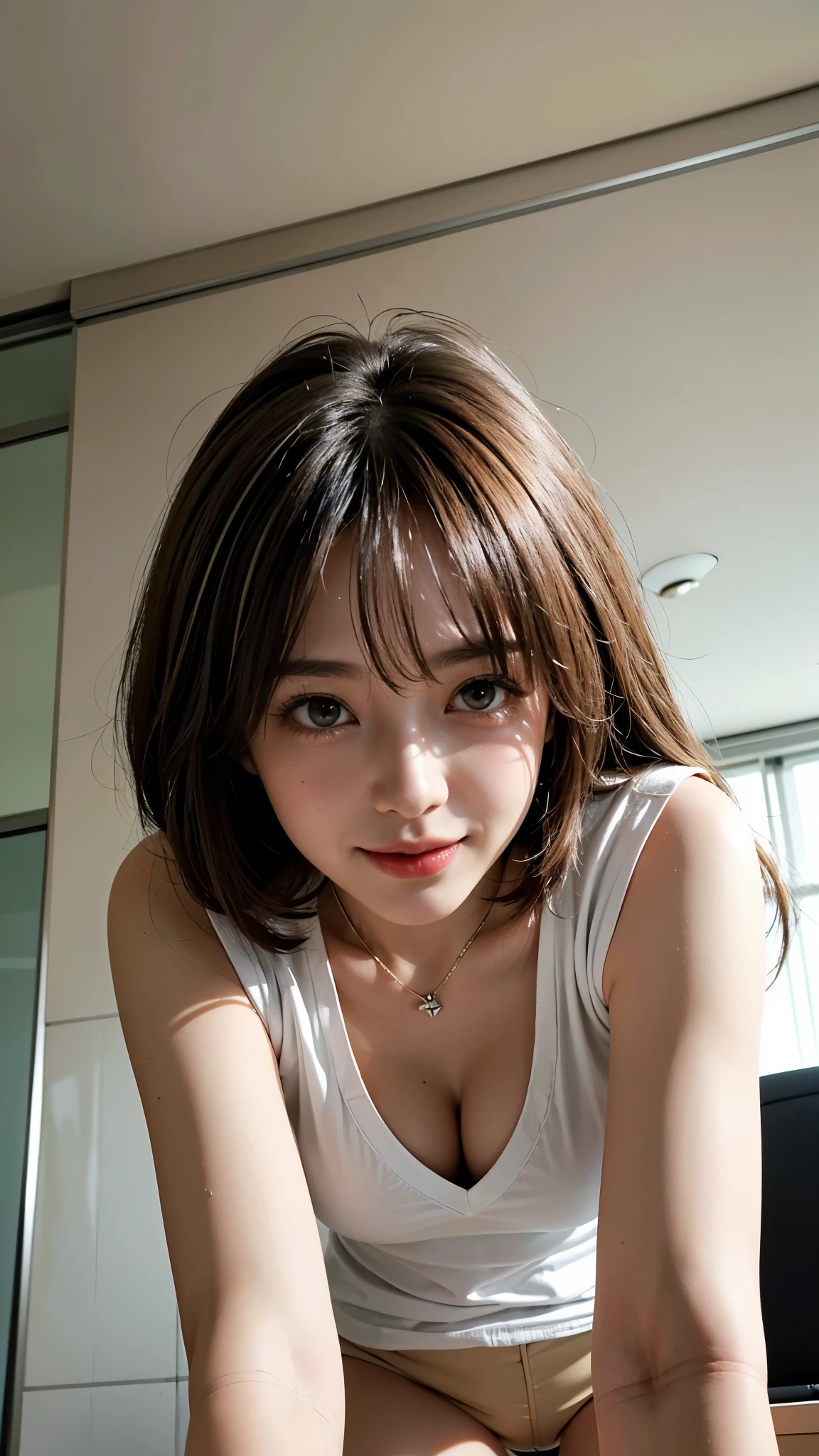 (highest quality、8k、32k、masterpiece、Realistic:1.4)、Cute Japanese Women Photos、((On all fours)),((On the office desk)),Soft looking breasts、No bra、Ample breasts、((Shortcuts))、Face Focus、White collared shirt、necklace、((Beautiful legs from below:1.4))、Looking at the audience、smile、I'm showing my teeth and smiling,Dynamic Shadows、blonde、Wet shiny hair、Shine, Watery eye、((At the office)),