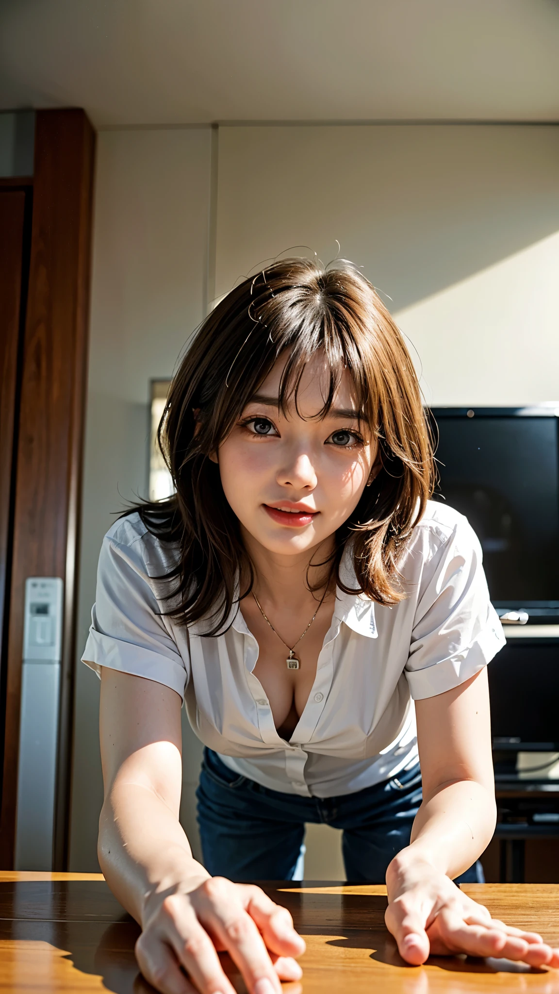 (highest quality、8k、32k、masterpiece、Realistic:1.4)、Cute Japanese Women Photos、((On all fours)),((On the office desk)),Soft looking breasts、No bra、Ample breasts、((Shortcuts))、Face Focus、White collared shirt、necklace、((Beautiful legs from below:1.4))、Looking at the audience、smile、I'm showing my teeth and smiling,Dynamic Shadows、blonde、Wet shiny hair、Shine, Watery eye、((At the office)),