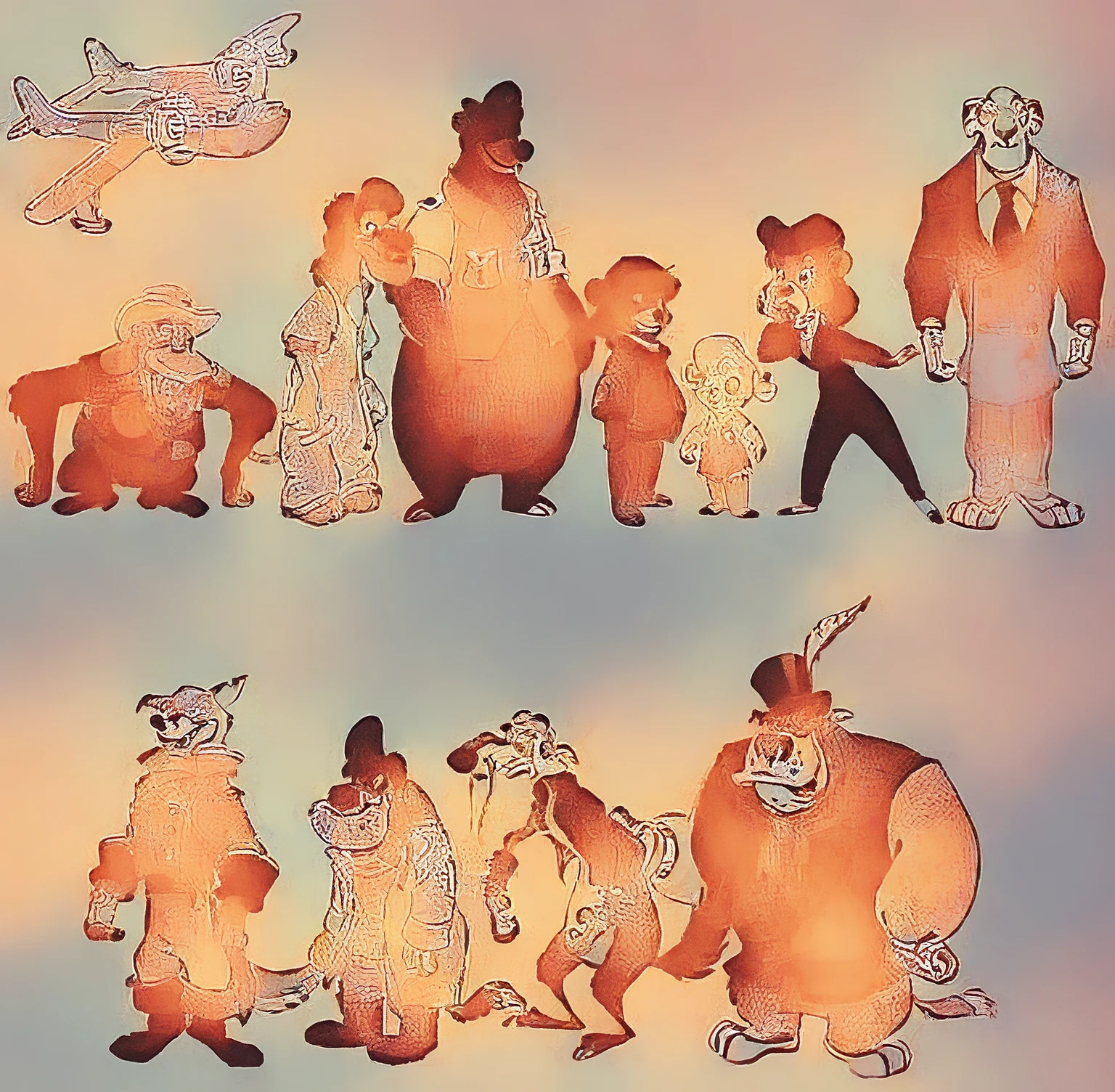 (Talespin 1990's cartoon homage), comic 1990's, animated tv show screengrab, Talespin cast dancing stanky boogie, cinematic poster, image within image, multiple exposure, massive scale, rich color grading for shading depth, hand drawn rotoscope cartoon realism, chiaroscuro lighting, mixed media, vintage comic, retro original design, 1990's comic, sense of movement energy, taking flight, tropical rot, rewilding, (full roygbiv color) ink charcoal expressive illustration, Talespin aesthetics