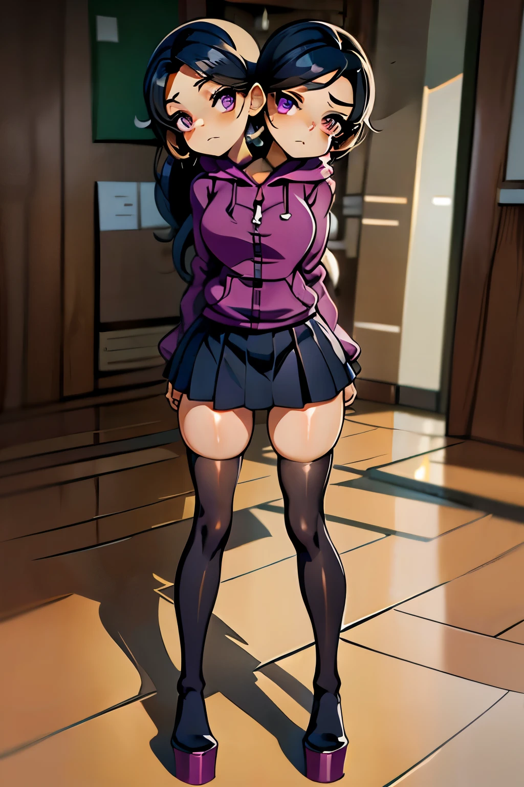 conjoined, 2heads, girl with two heads instead of one, 2head, cuerpo curvilineo, brazos curvilineos, usando shorts, ropa abrigada, piernas curvilineas, anime cartoon, using a purple hoodie, each head has a ponytail, anatomia proporcionada, torso ancho, pechos medianos, full body, perspectiva en picada, platform boots, black boots, black skirt, pantyhose, black high heels Bored