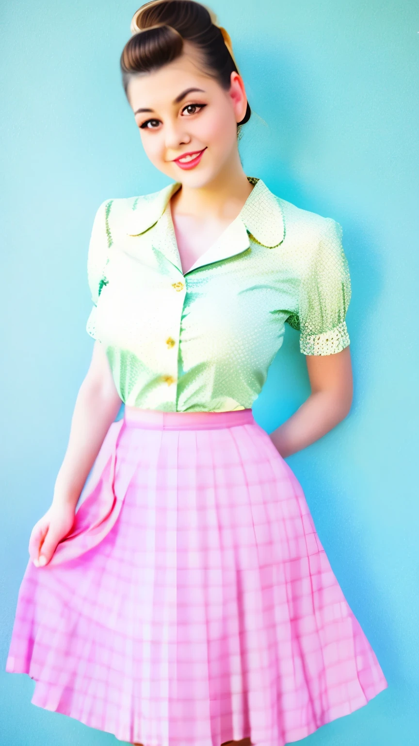 a woman in a polka dot shirt and a skirt posing for a picture, wide skirts, retro and ethereal, 50s style, cream colored blouse, 5 0 s style, midi skirt, pinup style, by Edward Avedisian, retro 5 0 s style, retro style ”, 1 9 5 0 s style, vintage clothing, pleated skirt, white russian clothes