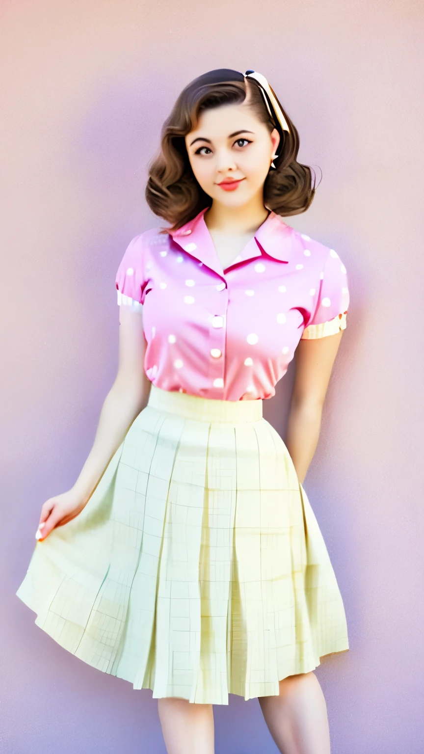 a woman in a polka dot shirt and a skirt posing for a picture, wide skirts, retro and ethereal, 50s style, cream colored blouse, 5 0 s style, midi skirt, pinup style, by Edward Avedisian, retro 5 0 s style, retro style ”, 1 9 5 0 s style, vintage clothing, pleated skirt, white russian clothes