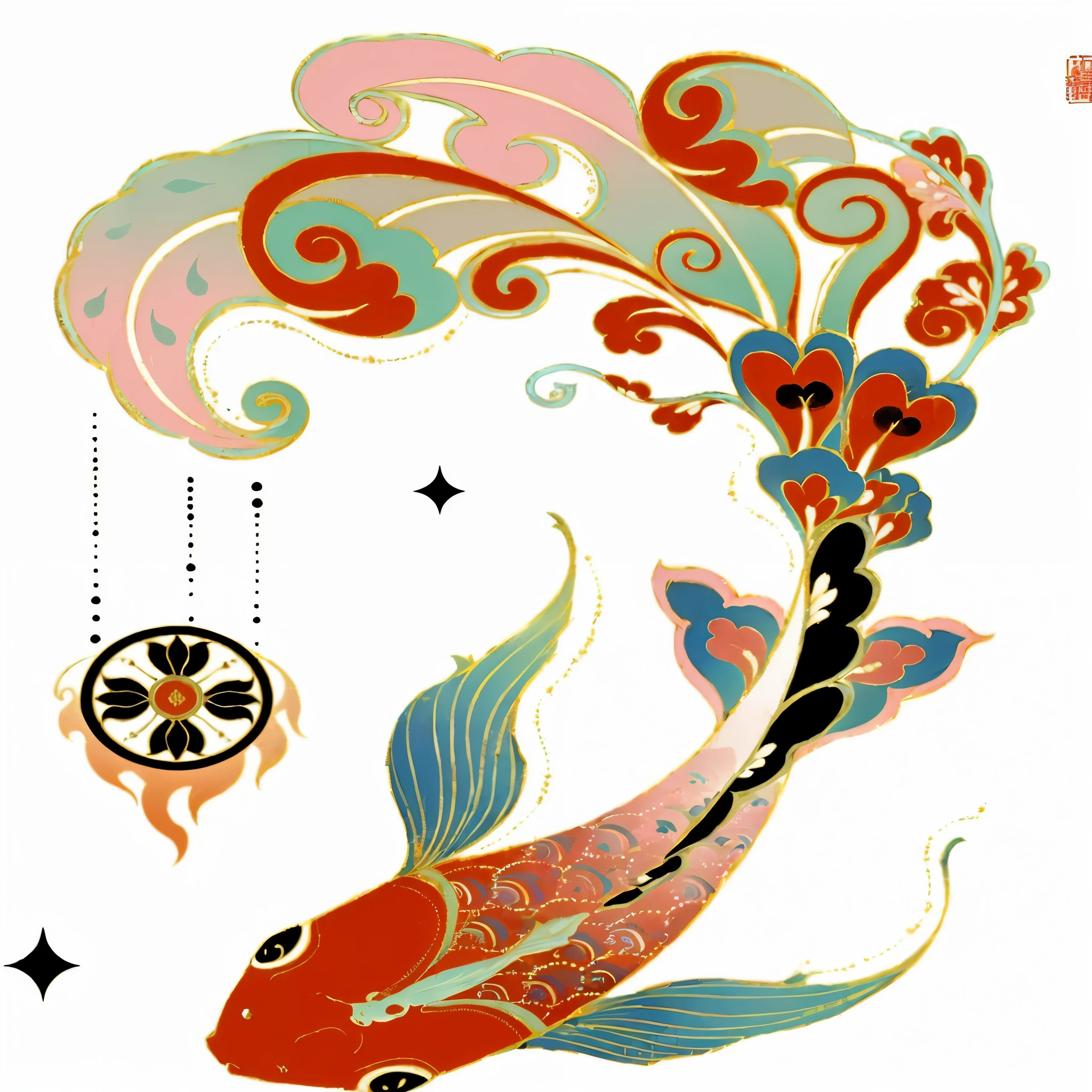 There is a fish with a long tail，The tail is also very long, Oriental Art Nouveau, Inspired by Baoichi Sakai, Colorful Art Nouveau, Inspired by Katsushika Oi, Inspired by Nōami, Inspired by Sōami, Inspired by Shoun Yamamoto, art nouveau illustration, Inspired by Kano Motonobu