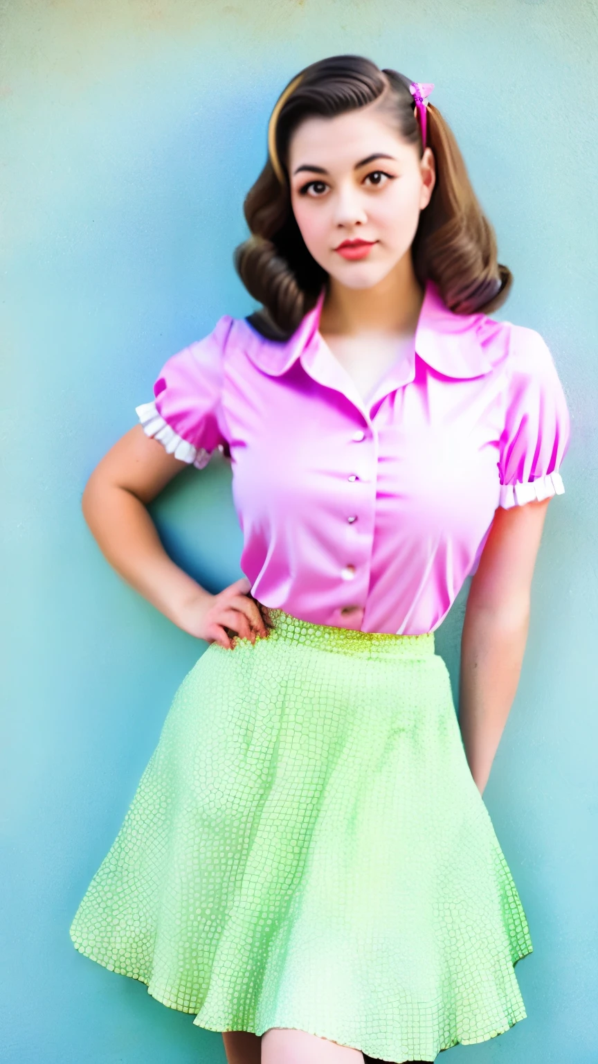 a woman in a polka dot shirt and a skirt posing for a picture, a portrait by Edward Avedisian, flickr, renaissance, wide skirts, retro and ethereal, 5 0 s style, 50s style, cream colored blouse, midi skirt, pinup style, retro 5 0 s style, retro style ”, 1 9 5 0 s style, vintage clothing