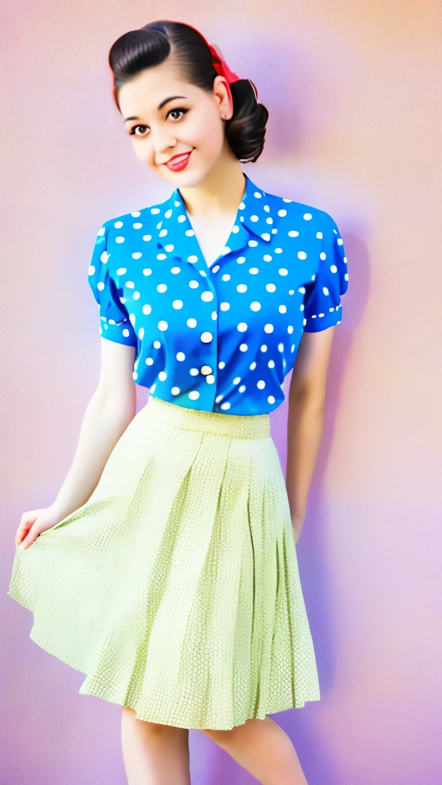 a woman in a polka dot shirt and a skirt posing for a picture, wide skirts, retro and ethereal, 50s style, cream colored blouse, 5 0 s style, midi skirt, pinup style, by Edward Avedisian, retro 5 0 s style, retro style ”, 1 9 5 0 s style, vintage clothing, pleated skirt, white russian clothes