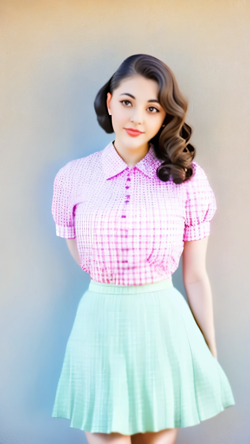 a woman in a polka dot shirt and a skirt posing for a picture, wide skirts, retro and ethereal, 50s style, cream colored blouse, 5 0 s style, midi skirt, pinup style, by Edward Avedisian, retro 5 0 s style, retro style ”, 1 9 5 0 s style, vintage clothing, pleated skirt, white russian clothes