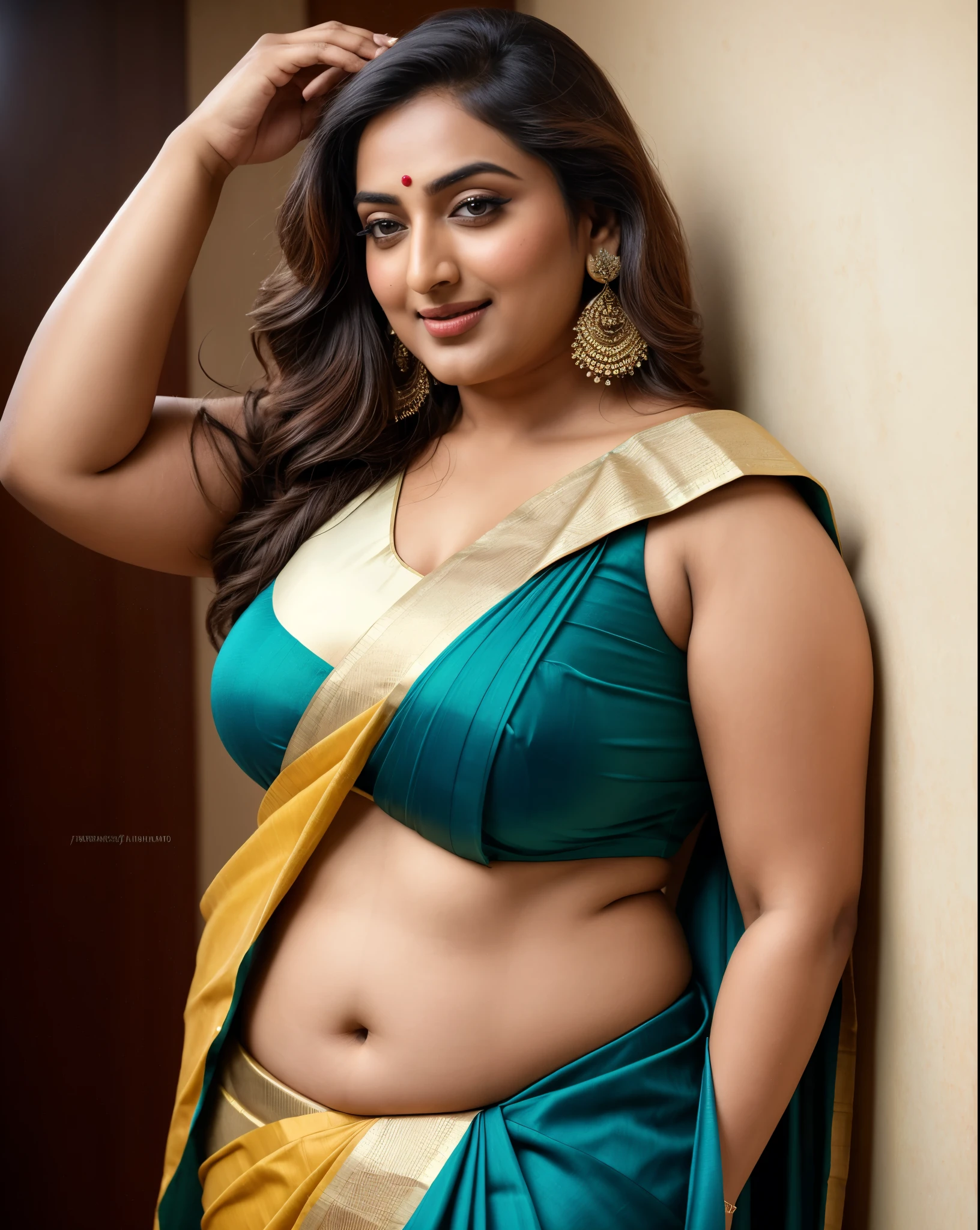 Foto RAW, photorealistic, photography, full body shot, master shot, perfect eyes, goddess like beauty, pierced eyes, perfect thick chubby mallu Desi aunty bhabhi, Wearing a Stanapatta, a chest-band.Saree model, model Photography, Indian saree shoot, Indian traditional wear advertising photography, traditional wear brand shoot, face of Indian actress Sonakshi Sinha, masterpiece, realistic, realism, incredible details, pleasure, photorealism, detailed skin, skin pores, high contrast, photorealistic Artstation 8k HD digital art trend of high definition and detailed realistic skin texture, ultra detail, realistic skin texture, armature, best quality, ultra high definition, (photorealistic:1.4),, high resolution, detail, raw photo, sweat, Re sharp, by Lee Jefferies Nikon D850 Film Stock Photo 4 Kodak Portra 400 Camera F1.6 Lens Rich Color Ultra Real Realistic Realistic Textures Dramatic Lighting Unreal Engine Trending at Art Station Cinestill 800,(pele altamente detalhada: 1.2), 8k UHD, DSLR, soft-lighting, alta qualidade, grain of film, Fujifilm XT3,she didn't like to wear blouse or bra, she is happy to wear only saree, she hates blouse or bra, detailed hairy armpits, hyper realistic skin, skin pores, sweat, veins,