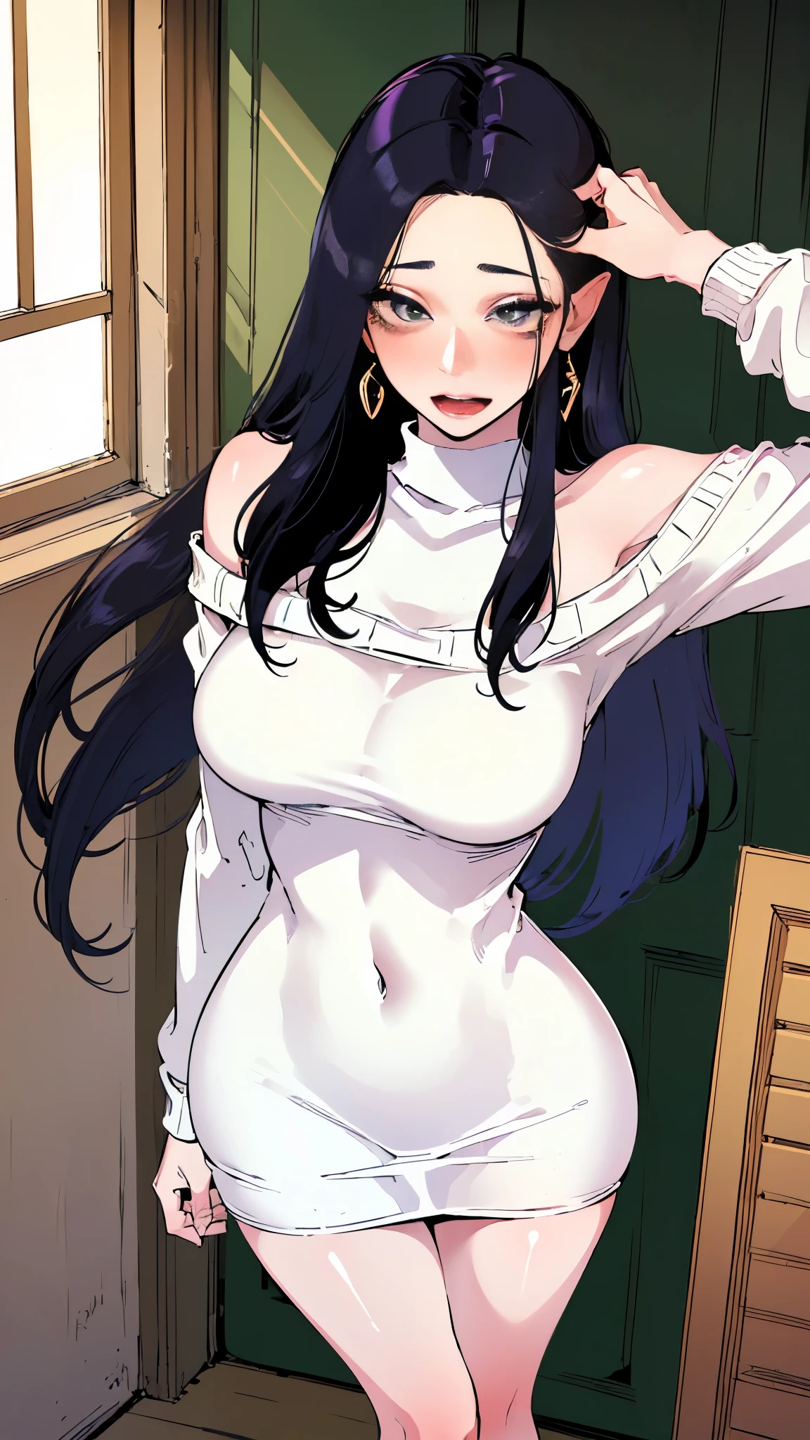 (masterpiece, highest quality, highest quality, Official Art, Beautiful and aesthetic:1.2, Cinematic lighting、Key light at 45 degrees from the front, Fill Light、Soft backlight),
Beautiful Face、Perfect round ass、The body is slim、Fit and body、Pale skin、Shiny, bright eyes、Long eyelashes、Glossy face、Pervert woman、Beautiful mature woman,
(Oily skin、Glowing Skin、Realistic skin texture、Beautiful skin in every detail、Shiny skin),
A 23-year-old 、(Cute:1.5)、
((Open your mouth))、masterpiece,highest quality,High resolution,Very detailed,skinny,,((Captivating smile ))、(skinny Black hair)Choker,Earrings,Big cleavage、(Light-colored off-the-shoulder tight sweater dress:1.5)、,Race,(( Perfect Fingers )) , indoor,(Open the front door 1.2),((sexy Gestures:1.5, A flirtatious, sexy face、A sweet, ecstatic face:1.5, Open your mouth and look at me))、Heavy breathing ,
Accurate 5-finger、Accurate human body、The perfect human body、The most beautiful face, true to the human body、Correct five-finger、The perfect human body、Someone knowledgeable、Highly detailed face and skin texture、Natural neck length、(beautiful Hands)、beautiful, Long, slender legs、Straighten two legs、Straighten two arms、(Mega Big Tits)