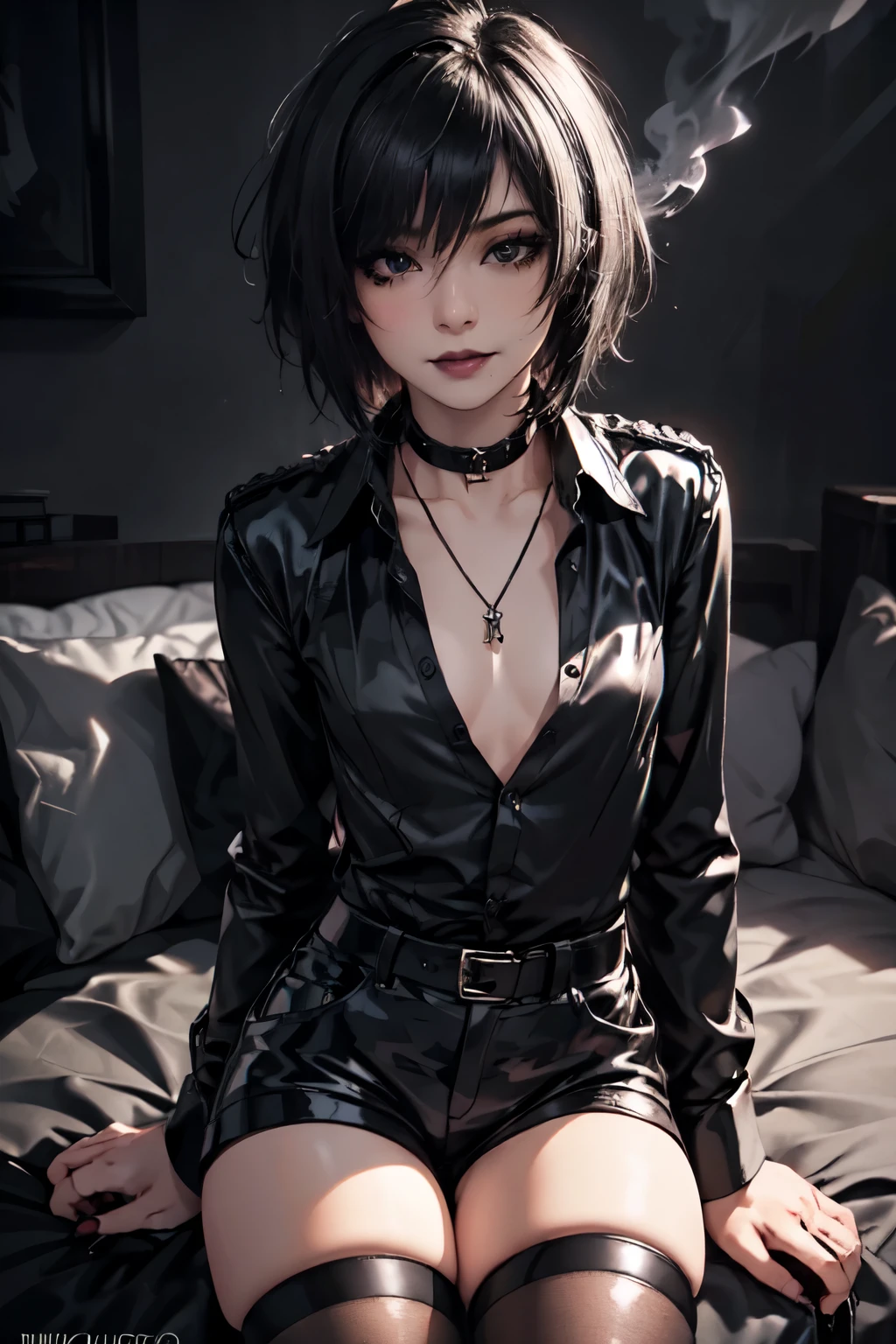 1girl, woman, emo_hairstyle, black lipstick, dog collar, eyeliner, eye shadow, smoky eyes, realistic lighting, black silk business shirt, leather shorts, black thighhighs, short hair, flat chest, shiny skin, smug, smirk.