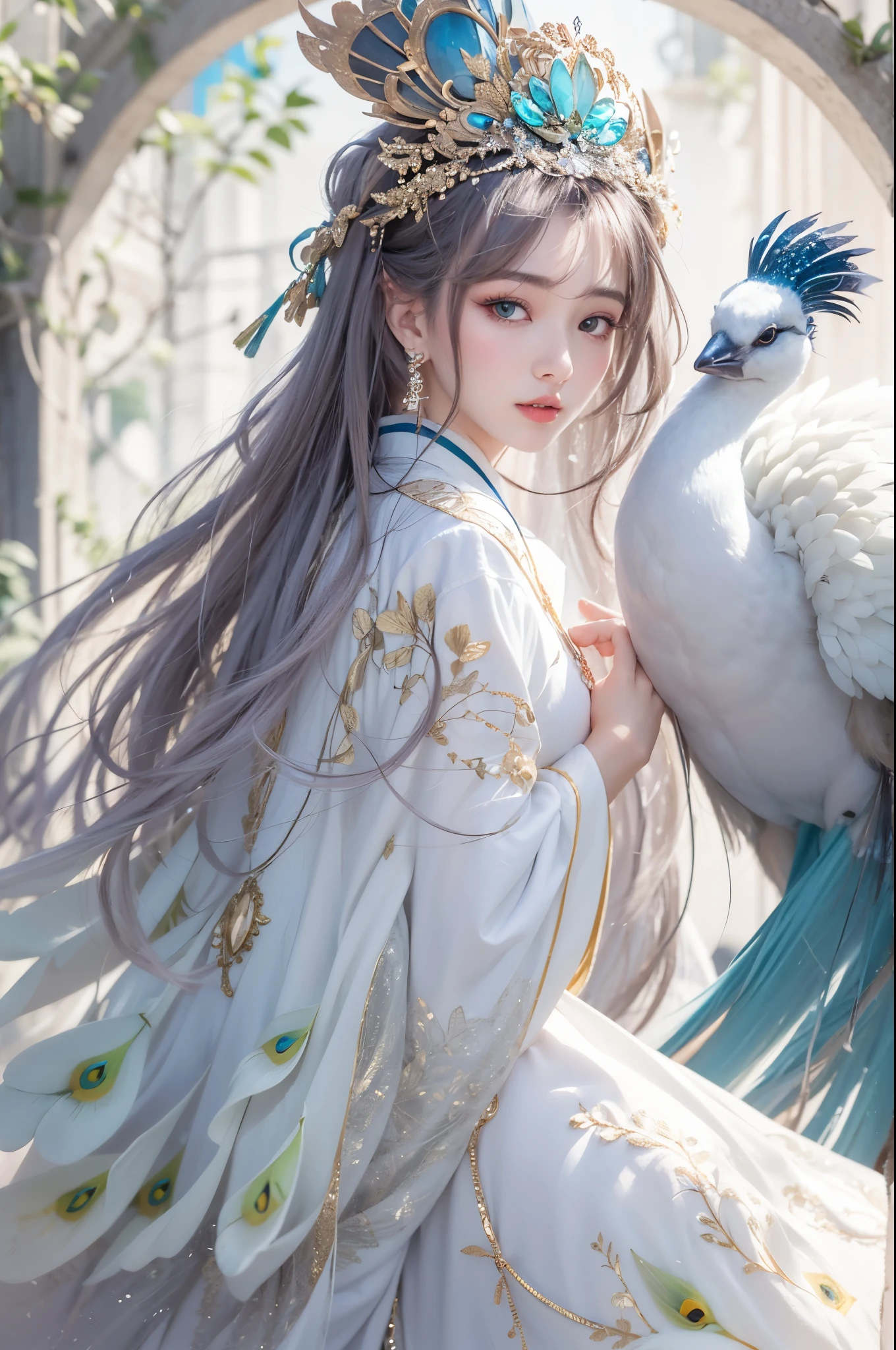 Best quality,masterpiece,16k,Artistic,Extra large animals,White peacock and beauty,Hanfu,Special effect,1girl,Dynamic poses,Looking at the camera,