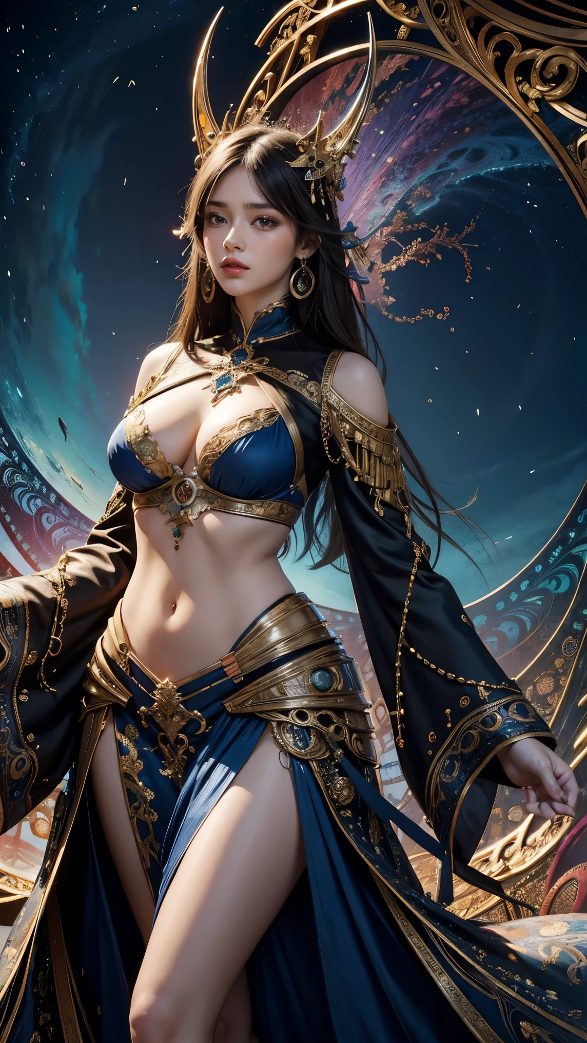 A mesmerizing and visually stunning fractal artwork featuring a single female figure, created by a renowned artist, showcasing intricate details and vibrant colors. Official art quality with a strong aesthetic appeal. High resolution rendering in 4K
